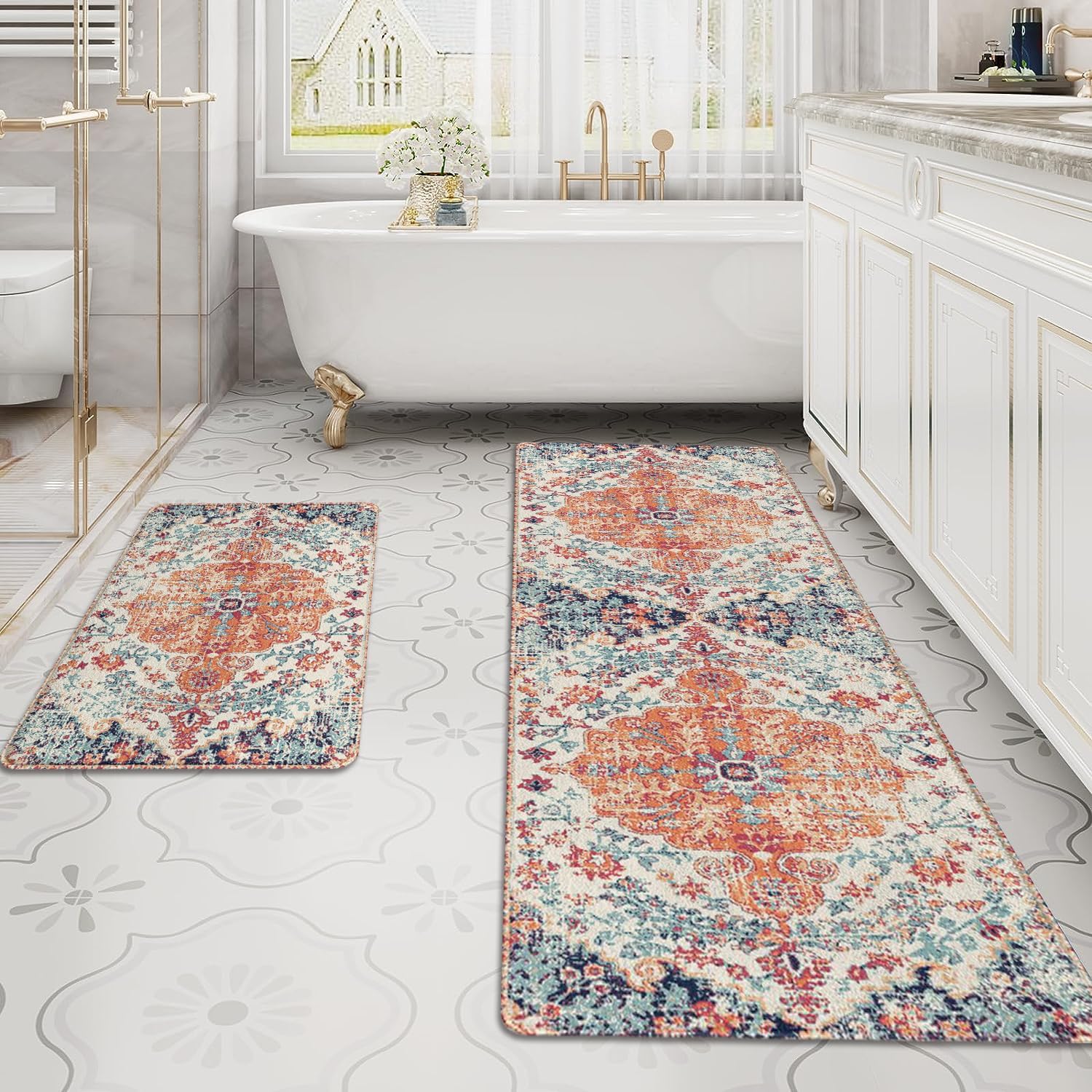 Faptoena Bathroom Rug Boho Vintage Bath Mat Non-Slip Water Absorbent Bath Rugs Soft Microfiber Floor Mats Entrance Mat for Bathtub Bedroom Bathroom Decor-Orange 17"x47"