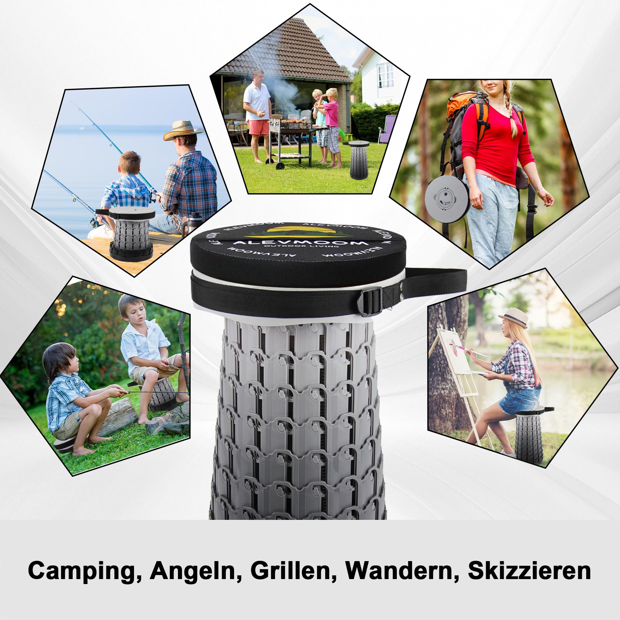 ALEVMOOM Sgabello telescopico portatile aggiornato, Sgabello pieghevole regolabile con cuscino spesso, Sgabello pieghevole portatile per campeggio all'aperto, giardino360 kg