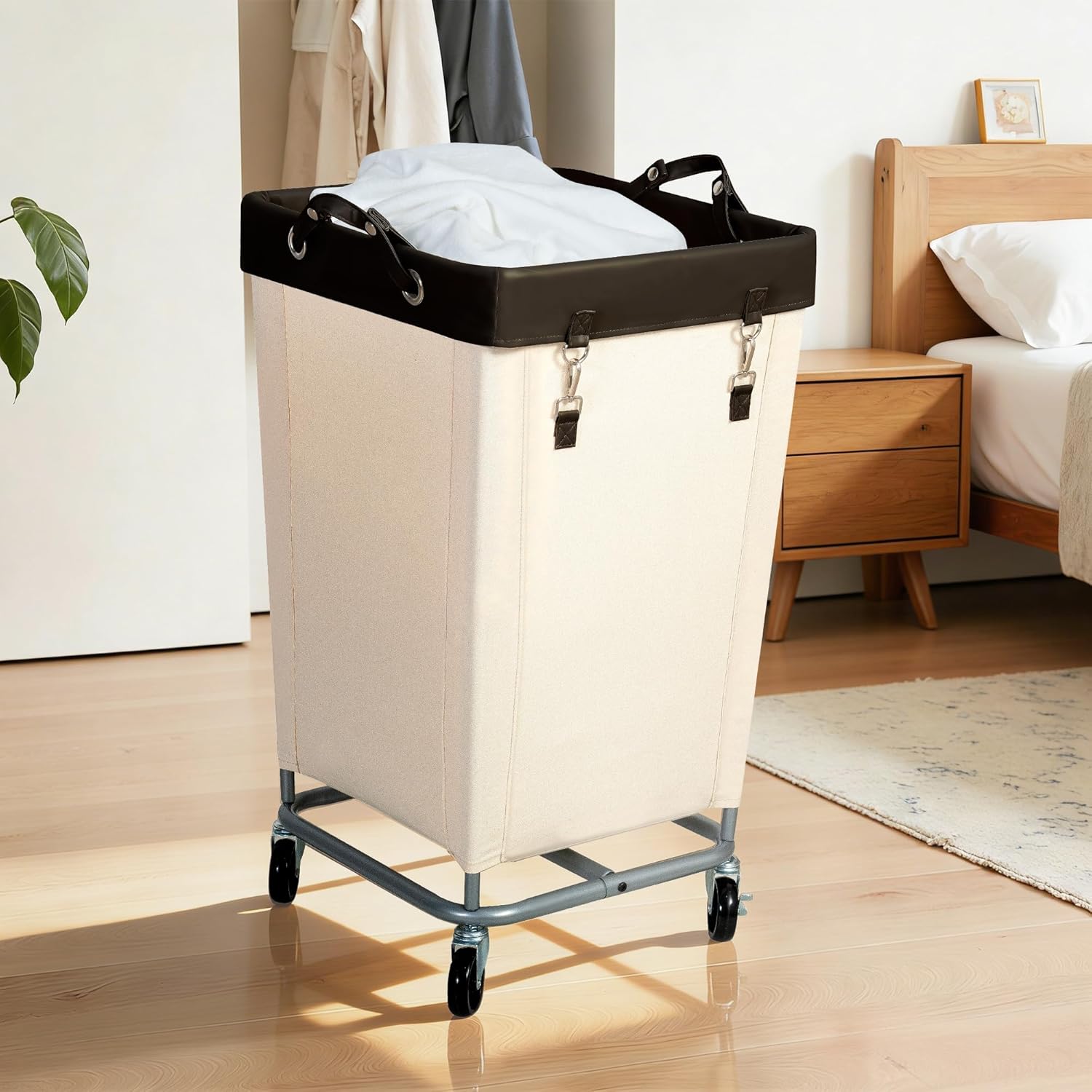 STO STO 160L Laundry Hamper with Wheels, Rolling Laundry Sorter Basket with Heavy Duty Steel Frame, Large Clothes Hamper with Handles for Bedroom, Bathroom, Laundry Room, Beige and Brown