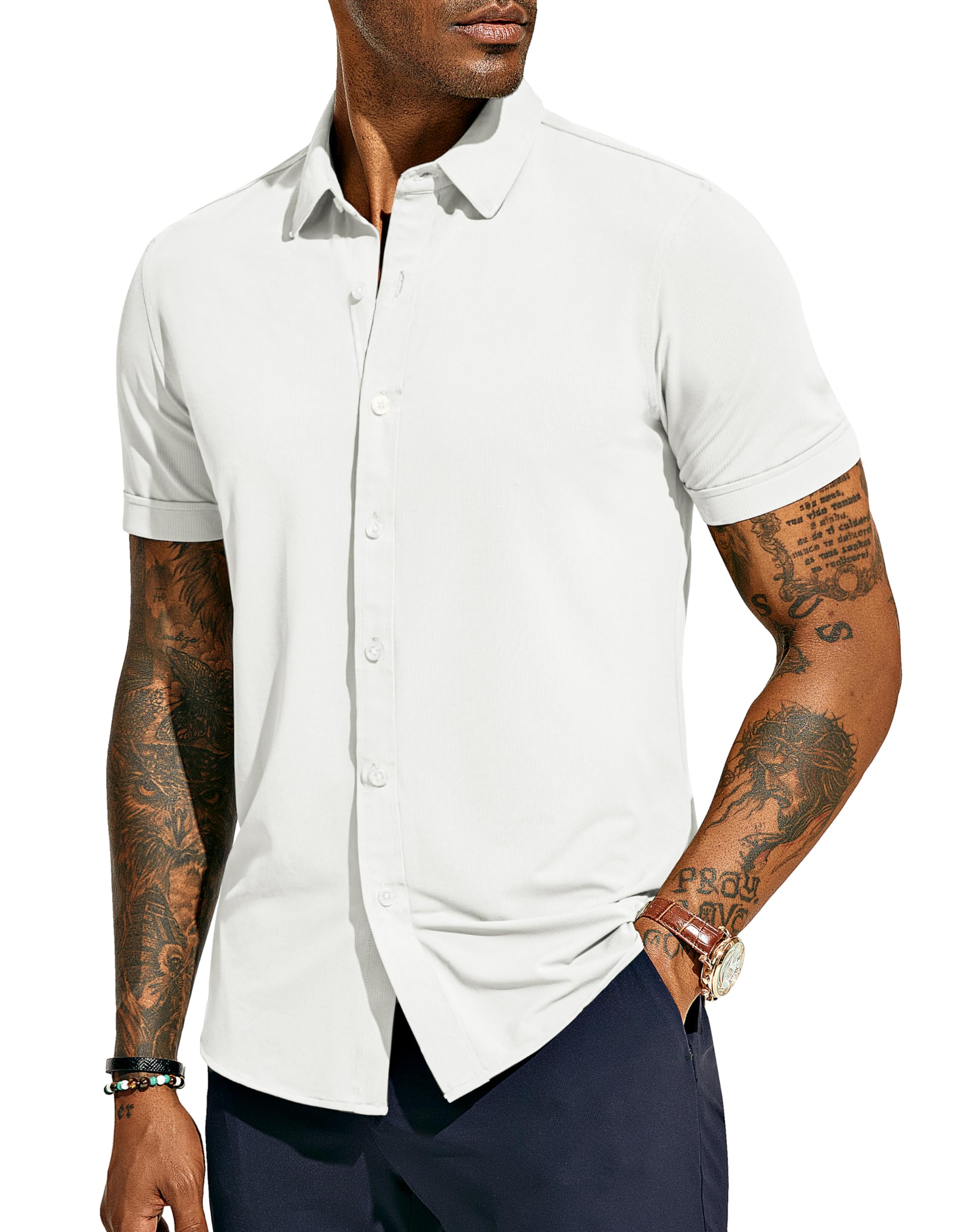 PaulJones Camisa de vestir de manga corta para hombre, casual, elástica en 4 direcciones, camisa formal de negocios