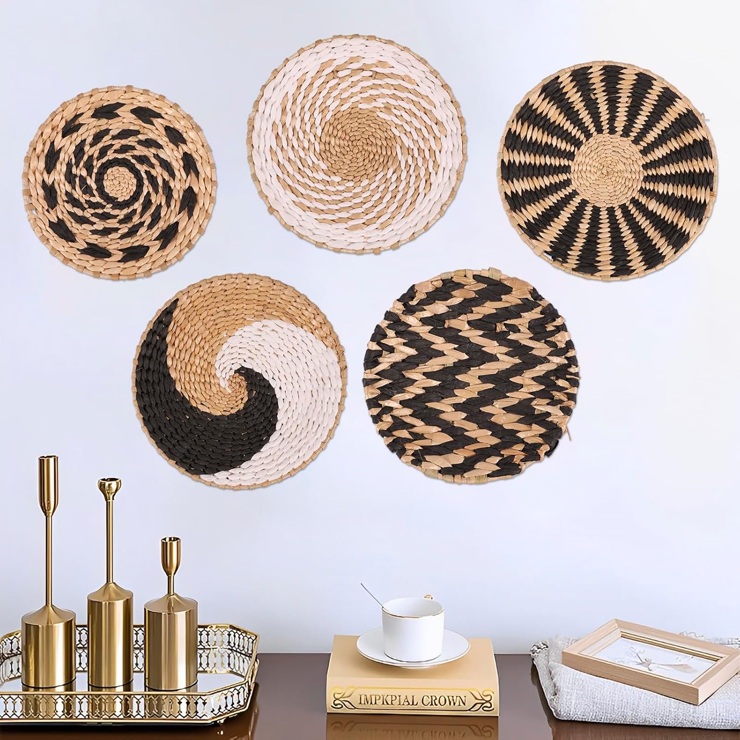 Boho Wall Basket Decor set of 5, Woven Rattan Baskets Wall Hanging