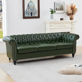 ORRD Chesterfield Sofa Leather, Modern Faux PU Tufted Couch 3 Seater with Rolled Arms and Nailhead for Living Room, Bedroom, Office, Apartment (Green)