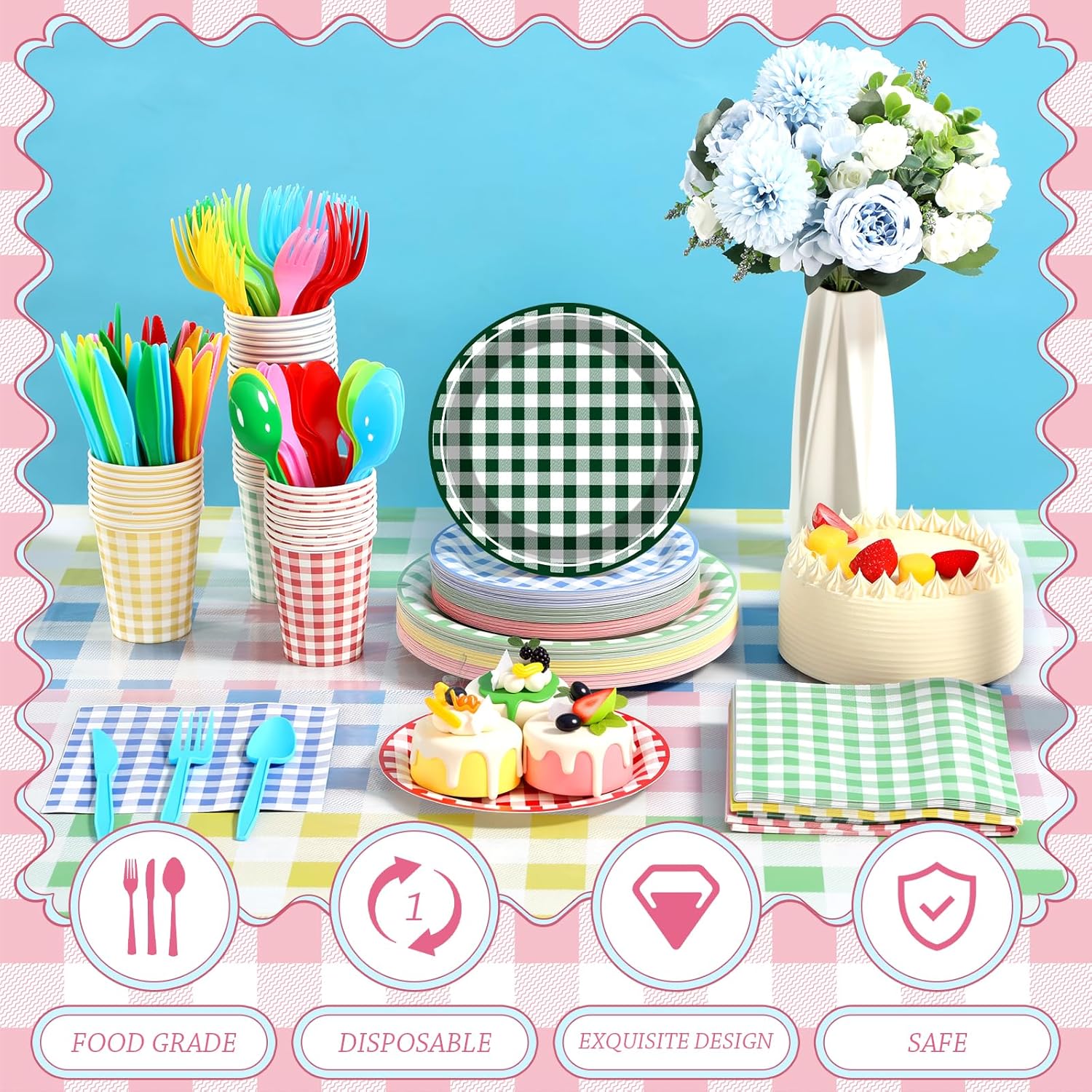 Vesici 48 Sets Camp Gingham Party Supplies Checkered Plaid Paper Plates Cups Napkins Tablewares Tablecloths Pennant Banner for Picnic BBQ Camping Gingham Birthday Baby Shower Bridal Shower Party Decor