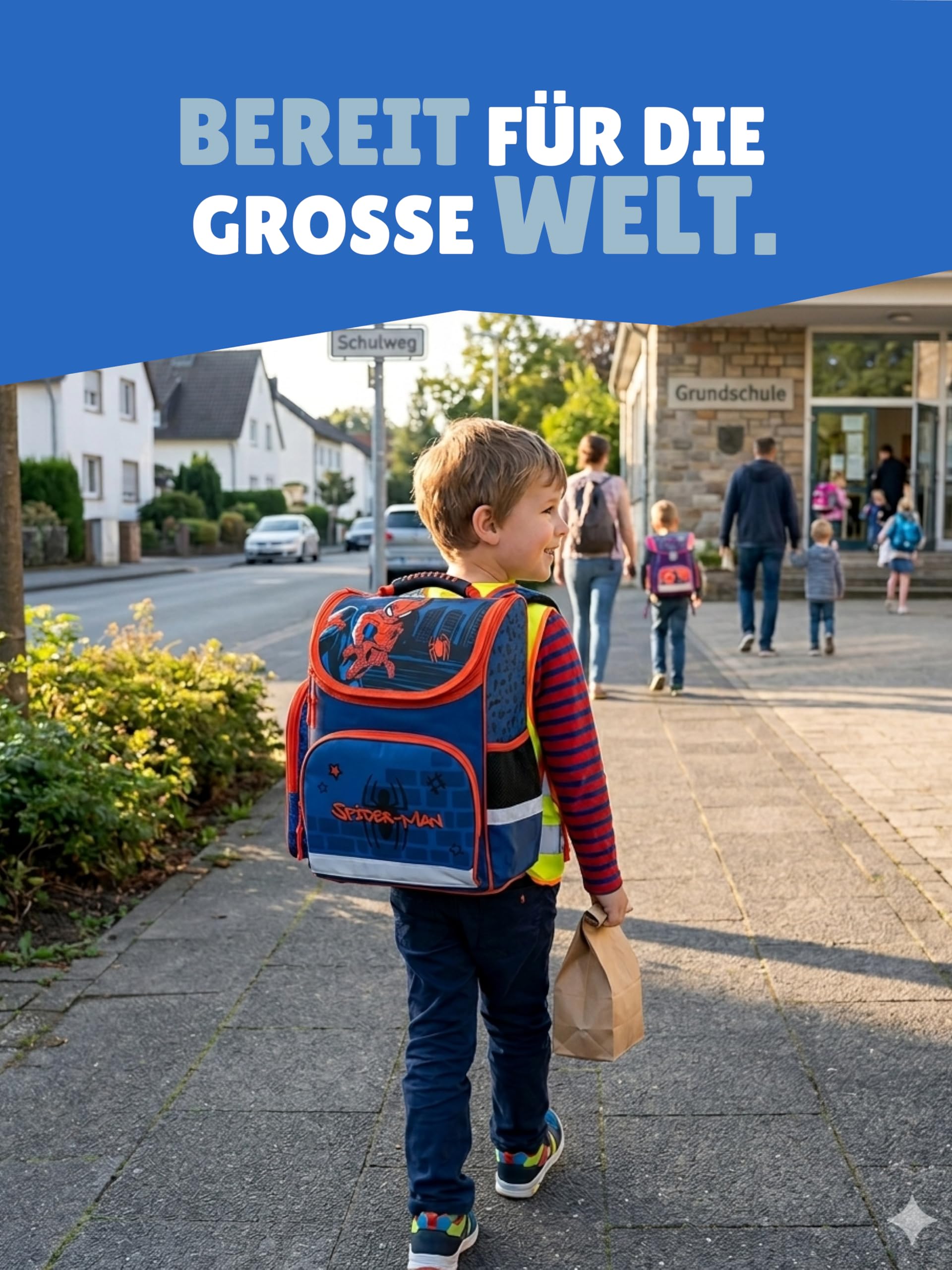 Familando - Schulranzen Set CLOU - 9-teilig mit Sporttasche - Marvel Spiderman - Ergonomisch, stabil & mit gepolstertem Rücken - 930g leicht - 15L Volumen - Mit Reflektoren - ab 1. Klasse