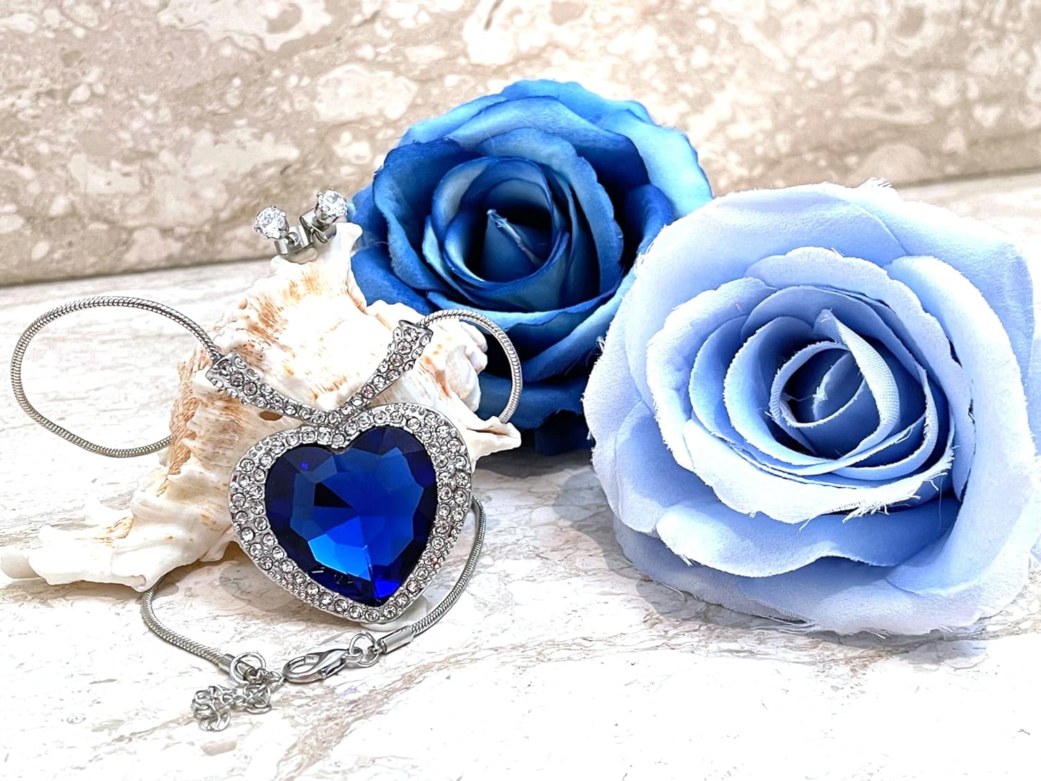 Silver SAPPHIRE Heart of the Ocean Jewelry Set Heart Pendant Necklace 1.6" Sapphire Heart + 3 Silver Crystal bracelets for women .4"+ Earrings Wedding Gift Love Jewelry HAND SET Diamonds HANDMADE - Image 5