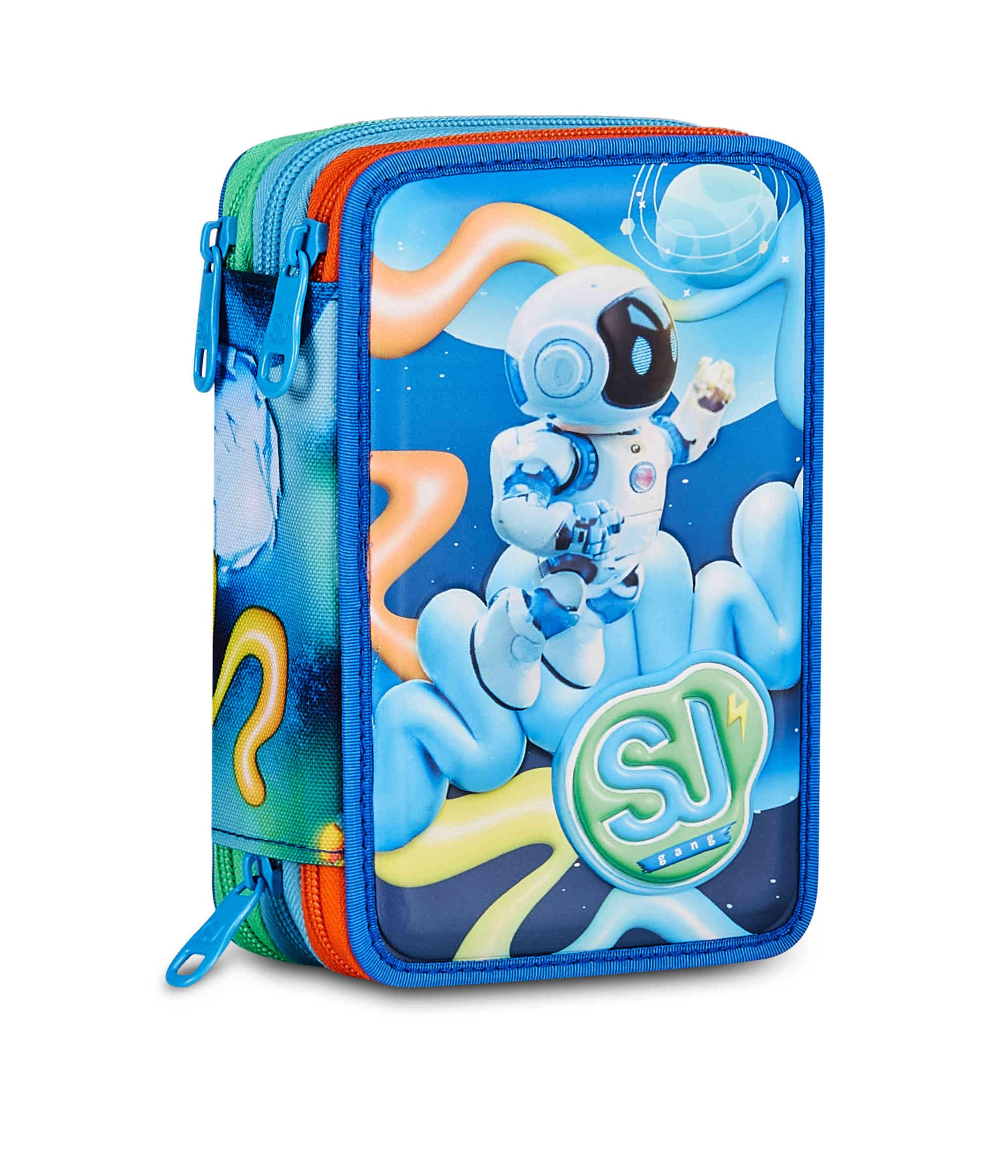 SJ GANG STYLE JAM GANG Astuccio Scuola 3 Zip 3D SPACE RIDE, Blu, Triplo Scomparto, Scocca con astronauta in rilievo, Portapenne Attrezzato, 45 pezzi, Accessori Zaino, Scuola elementare, Bambino