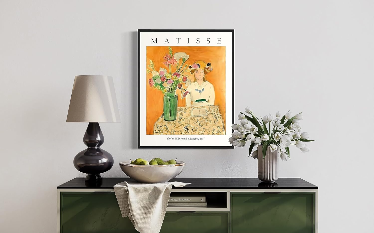 Matisse Art Print Poster, Girl in White with a Bouquet Henri Matisse Wall Art Exhibition For Wall Decor, Vintage Posters Aesthetic (11x14 inches + (Black Frame), Girl in White with a Bouquet)