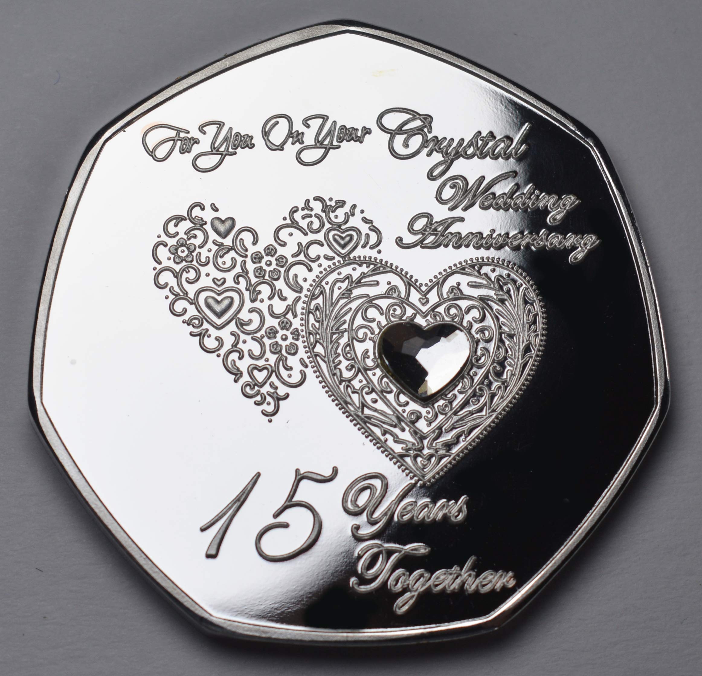 The Commemorative Coin Company 15TH CRYSTAL WEDDING ANNIVERSARY Silver Commemorative with Diamante Gemstone. Gift/Present 15 Years Together