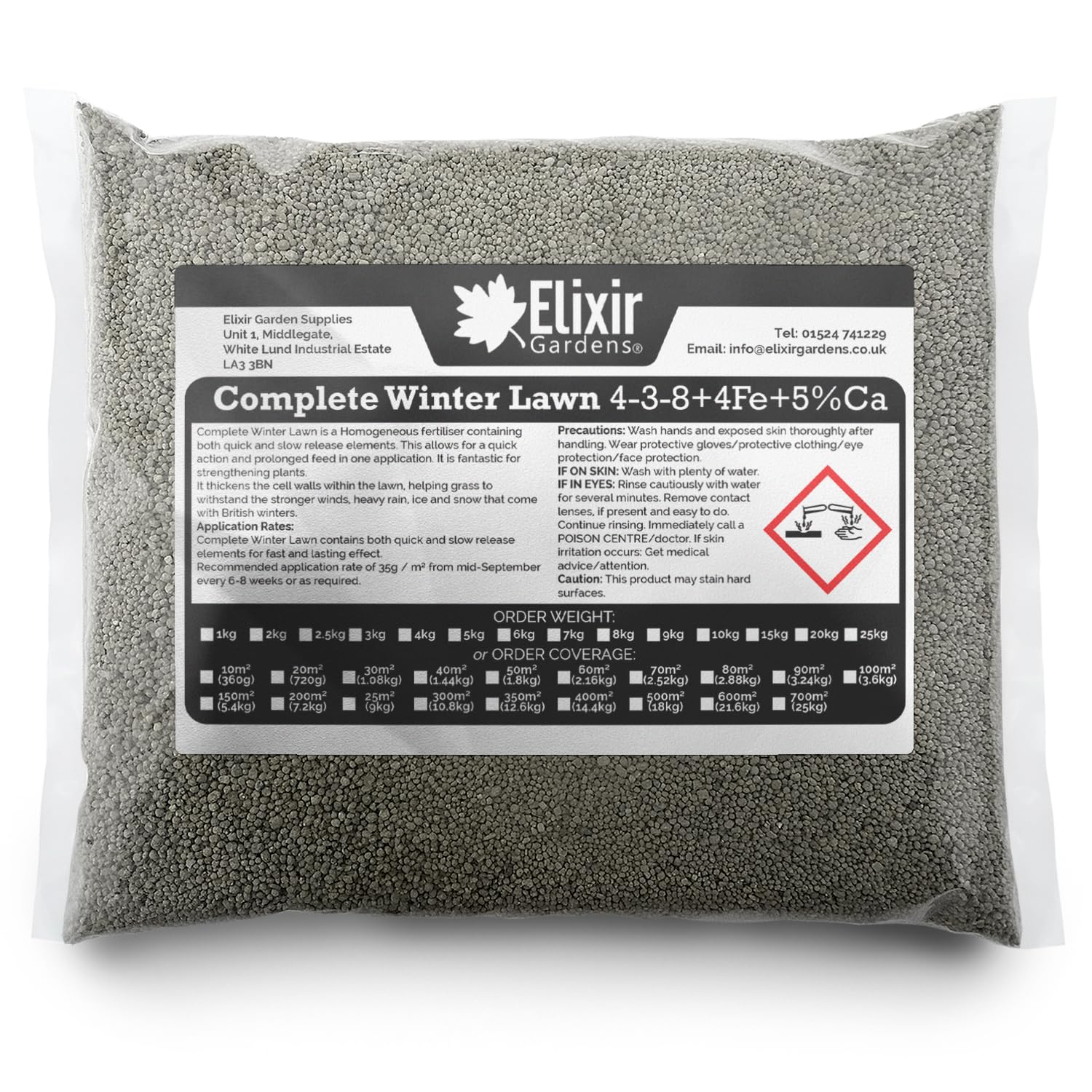 Elixir Gardens | COMPLETE WINTER LAWN Fertiliser Optimized For British Climate | Autumn and Winter Feed and Moss Treatment | 4-3-8 + 4Fe +Te | 1kg - 25kg Bags or Tubs | Treats 200sqm | 7kg Bag