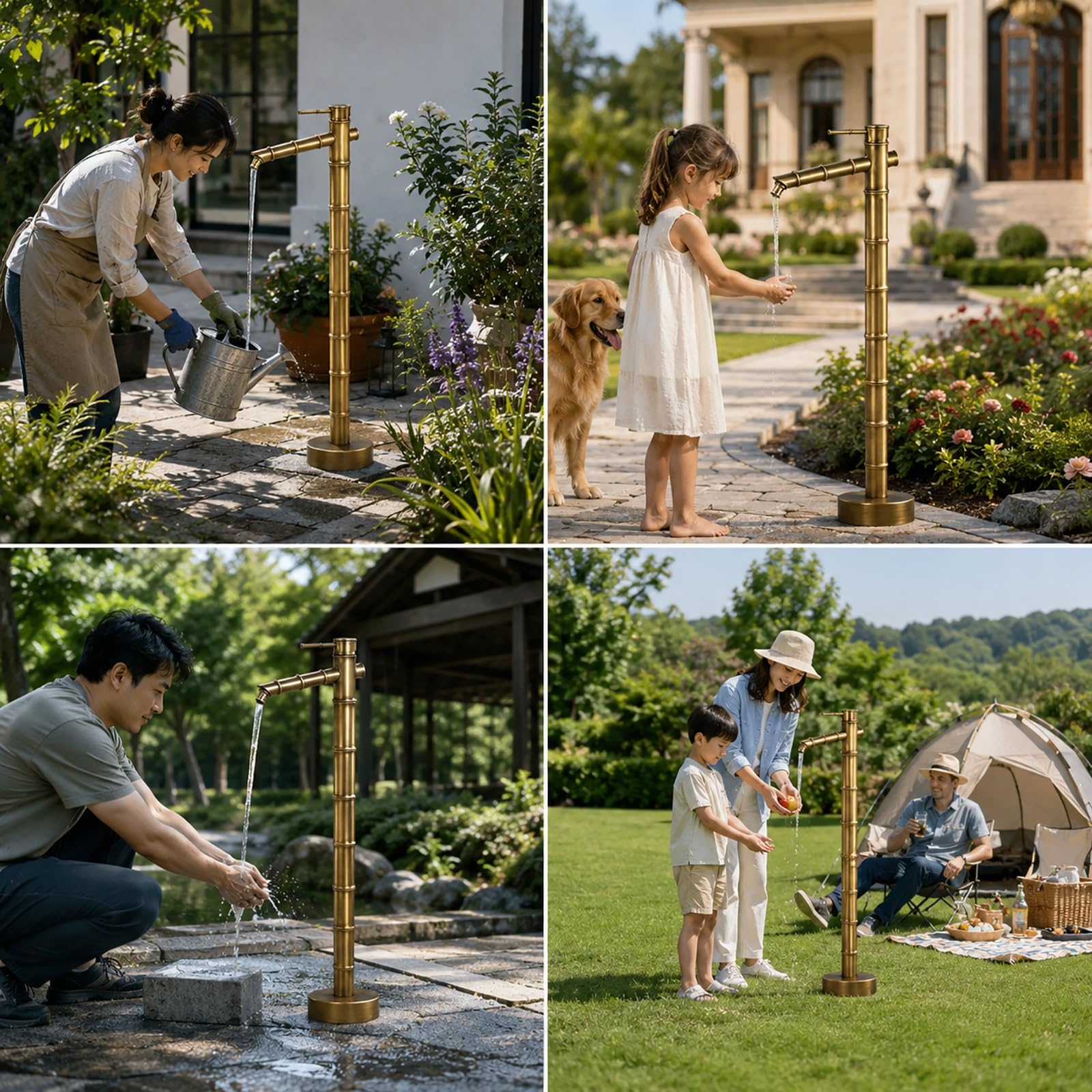 Fuente Jardin Exterior en Cobre, Grifo Jardin de Heladas con Altura Ajustable y Mangueras de Suministro de Agua Fría y Caliente Para Uso en Exteriores
