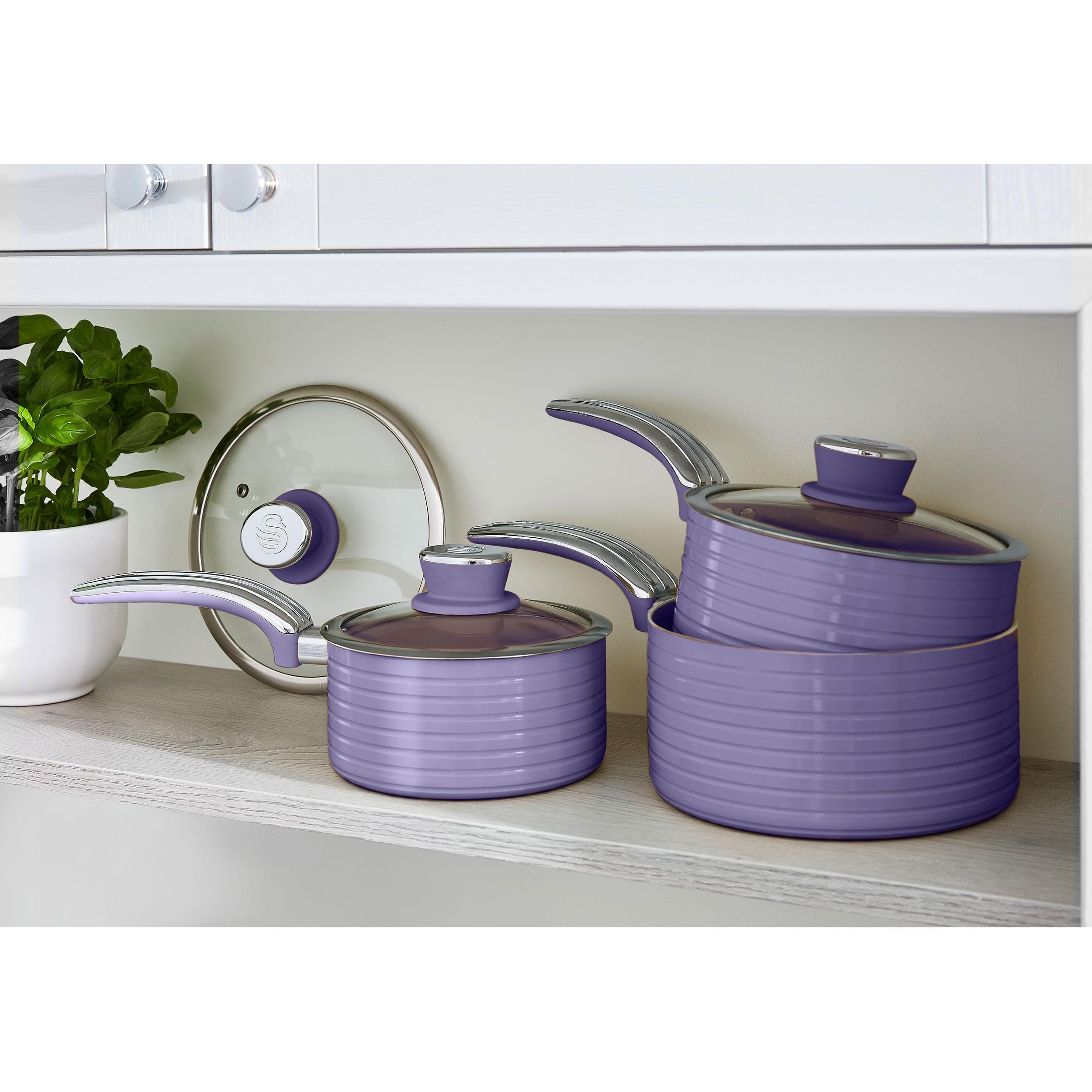 Swan Retro SWPS3020PURN Batterie de Cuisine 3 Casseroles, 16 18 20cm, 3 Couvercles en Verre, Aluminium, Induction, Antiadhésive Céramique sans PFOA, Convient à Toutes les Cuisinières, Vintage, Violet