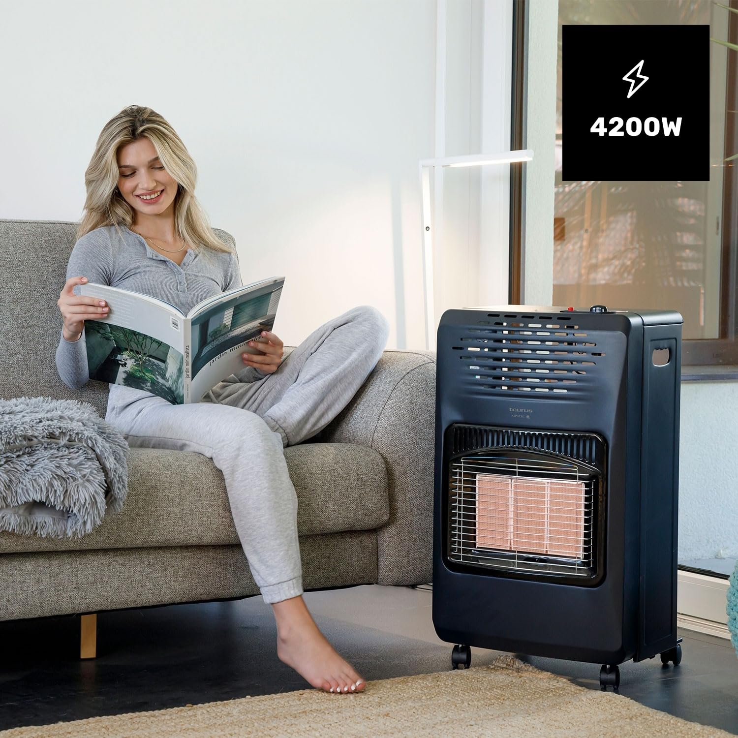 Taurus Gas Compact - Estufa de gas butano, estufa plegable, 4.2kW, 3 niveles de potencia, encendido piezoeléctrico, triple sistema de seguridad, 5 ruedas, bombona carga butano de máx 15kg