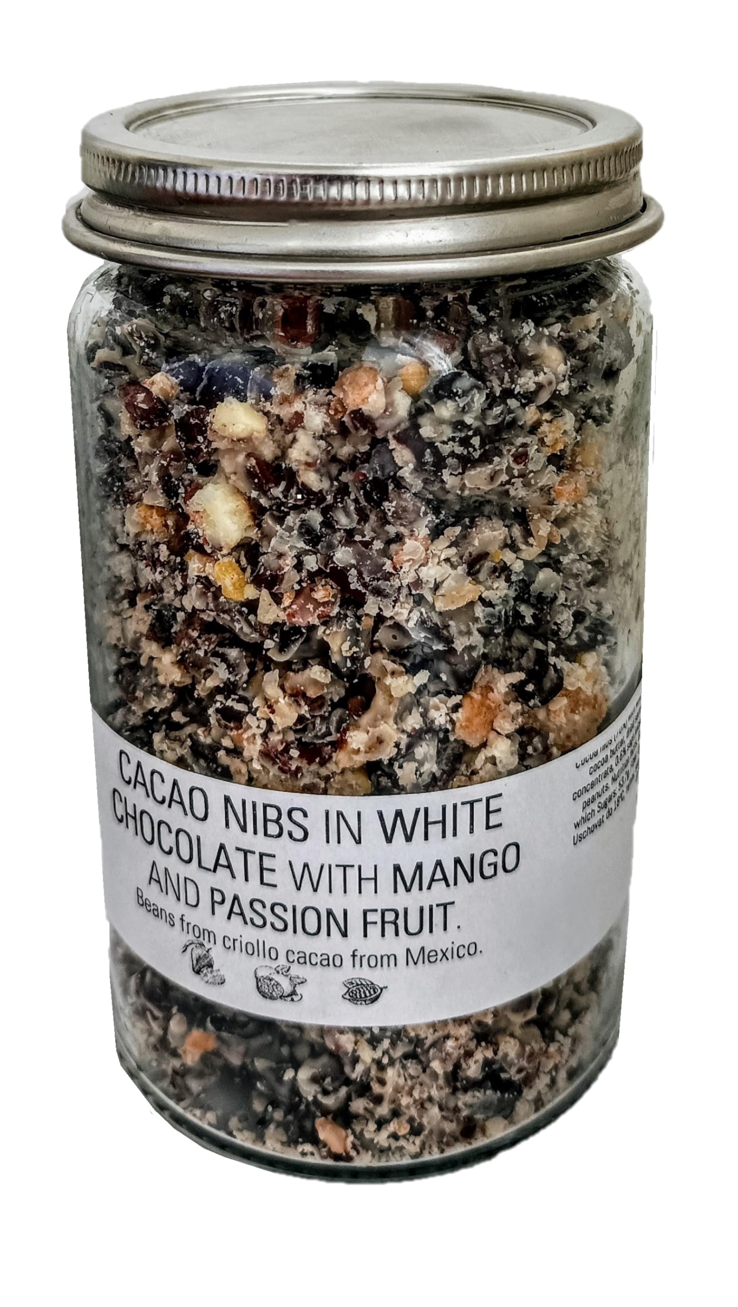 NIBS DE CACAO AU CHOCOLAT BLANC À LA MANGUE ET AU FRUIT DE LA PASSION. Fèves de cacao criollo du Mexique.