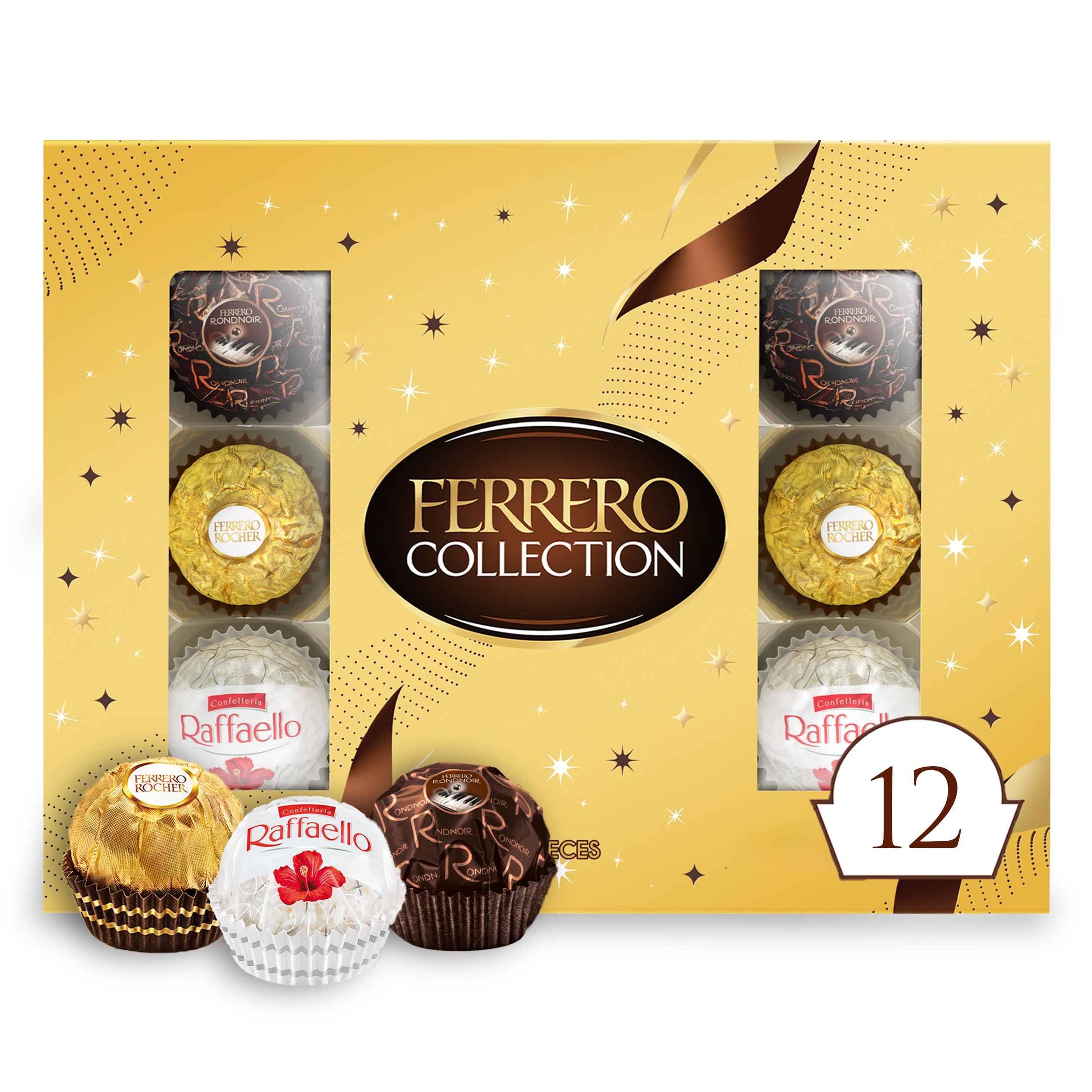Ferrero Collection, Premium Assorted Hazelnut Milk Chocolate, Dark, Coconut, Holiday Gift Box, 12 Count, 4.6 oz