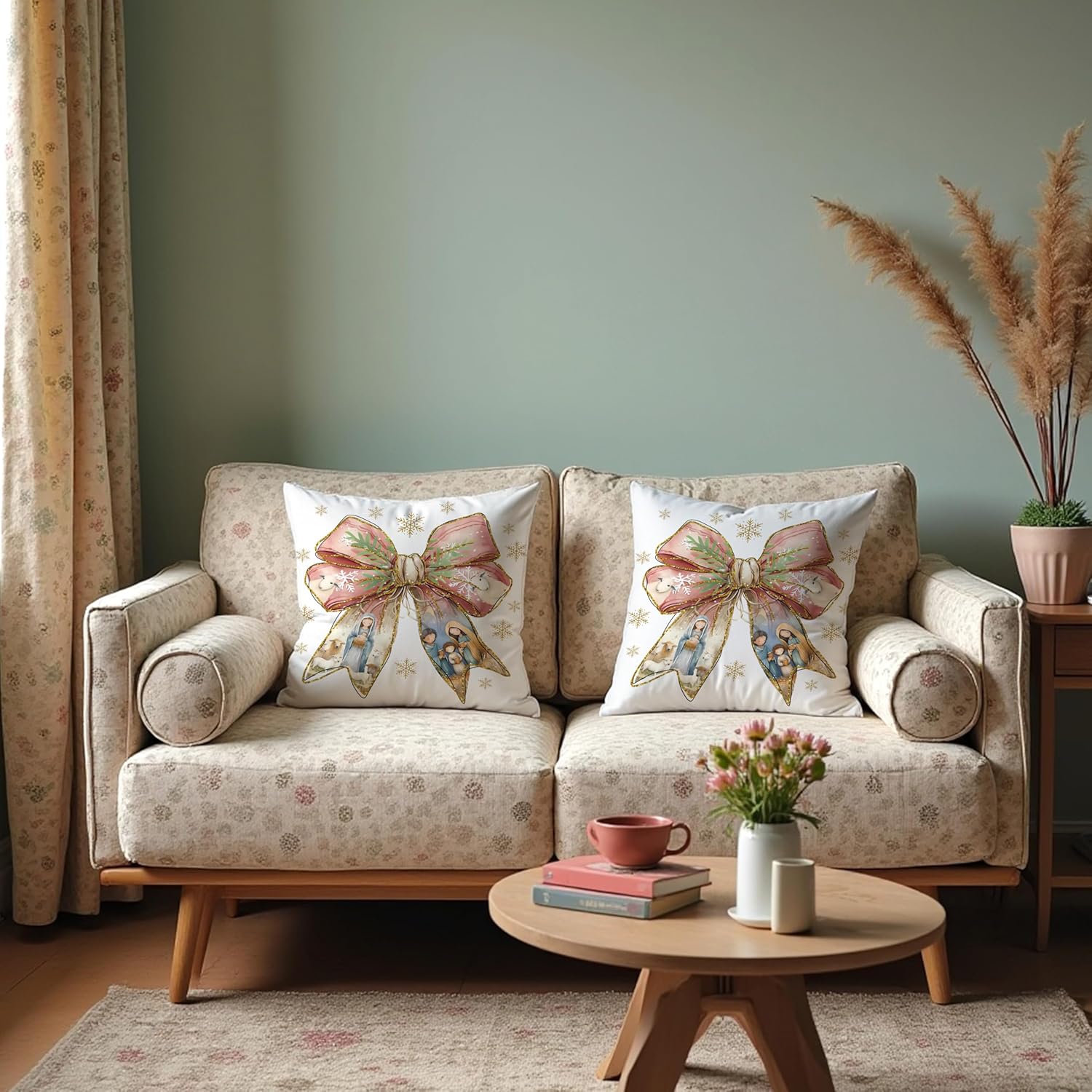 Christian Christmas Bow Pillow Covers 18x18, Coquette Christmas Decor, Pink and Gold Preppy Bow Xmas Religious Decorative Pillow Covers for Couch Sofa Bedroom Living Room Home - Image 3