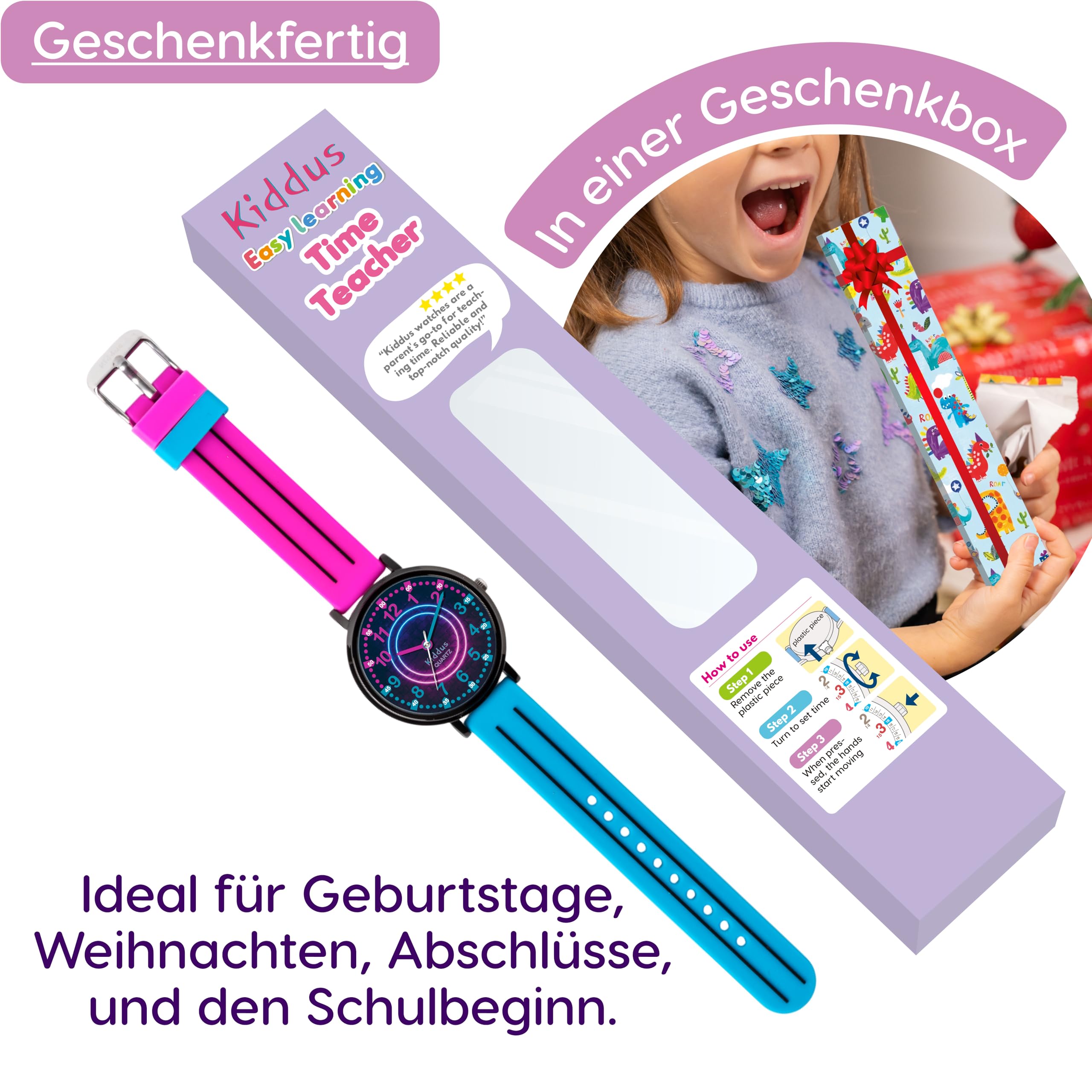 Kiddus Lernuhr für Kinder, Analoge Armbanduhr für Jungen und Mädchen ab 5 Jahren, Waterproof 5ATM, Geschenk für Mädchen zum Lernen