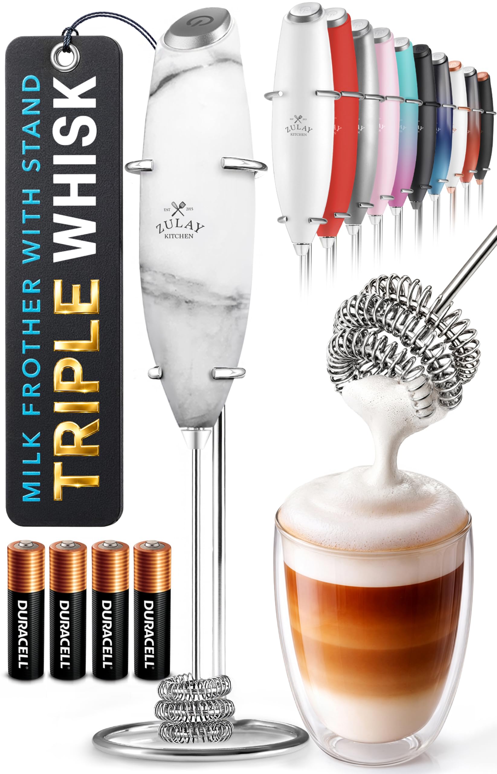 Zulay Kitchen Powerful Milk Frother Wand With Duracell Batteries - Ultra Fast Handheld Drink Mixer - Electric Whisk Foam Maker for Coffee, Lattes, Cappuccino &amp; Matcha - Triple Whisk - Onyx Marble