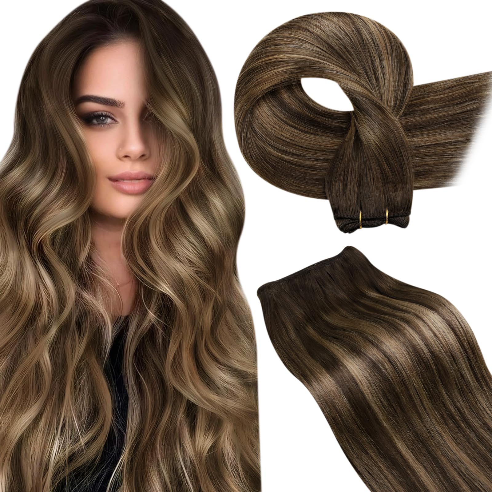 LaaVooHuman Hair Weft Extensions Brown Ombre Sew in Hair Extensions Real Human Hair Straight Weft Hair Extensions Sew in Brown Balayage Caramel Blonde mix Brown 18 Inch 100g