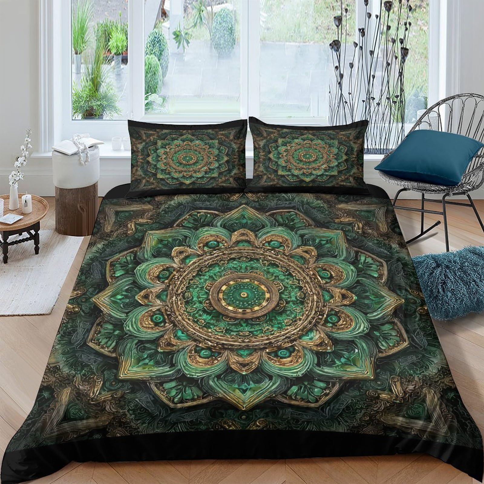 GPLZQXKJNH 3D Printed Green Mandala Duvet Cover Microfiber Soft Breathable Boho Bedding Set with 2 Pillowcases for Bedroom Single（135x200cm）