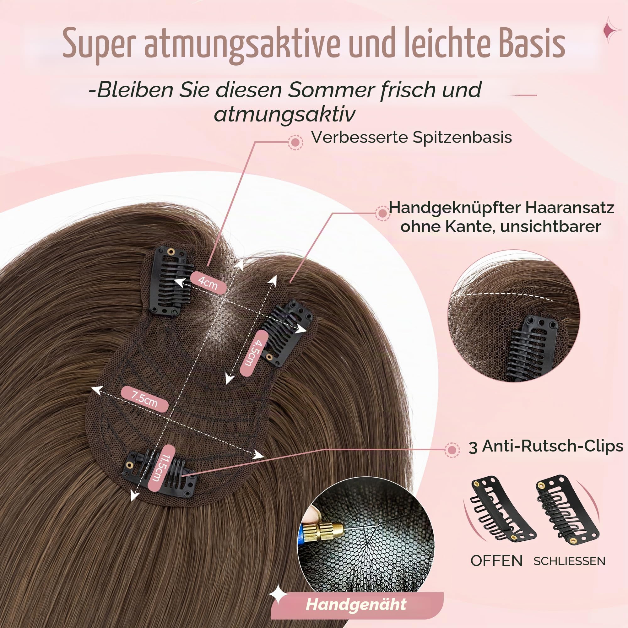 Haarteil Topper Remy Echthaar Clip in Extensions Toupet mit Side Bangs Haarverlängerung Pony Toupee Frauen mit 3 Clips 35 cm # 02