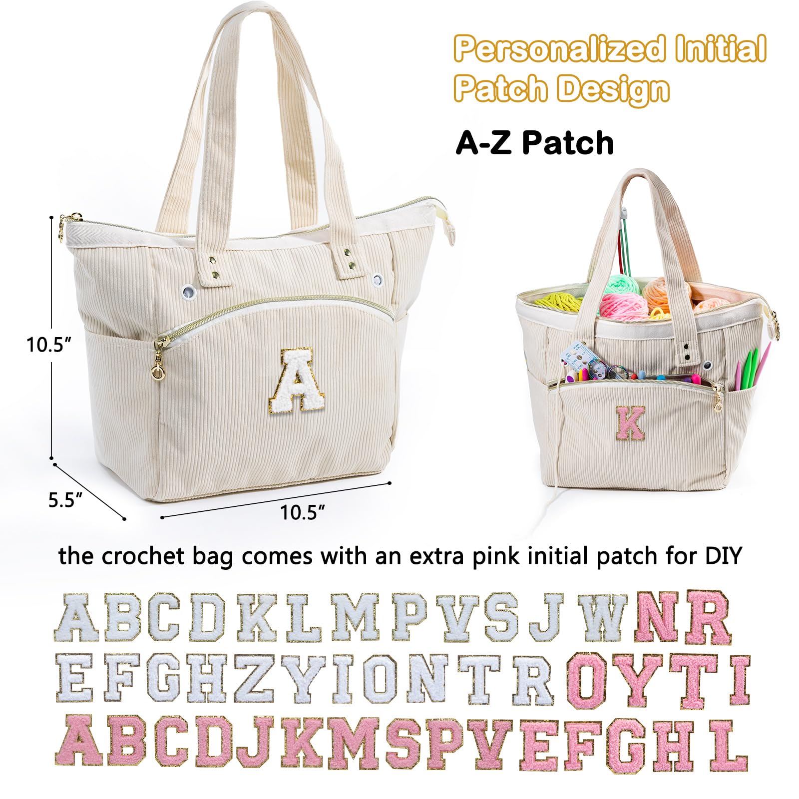 Initial Personalisierte Häkeltasche – Cordgarntasche Aufbewahrung – Garnhalter zum Häkeln – Häkel-Organizer für Häkelnadeln, Häkelzubehör, Projekttasche, Stricktasche, Häkelliebhaber, Geschenk