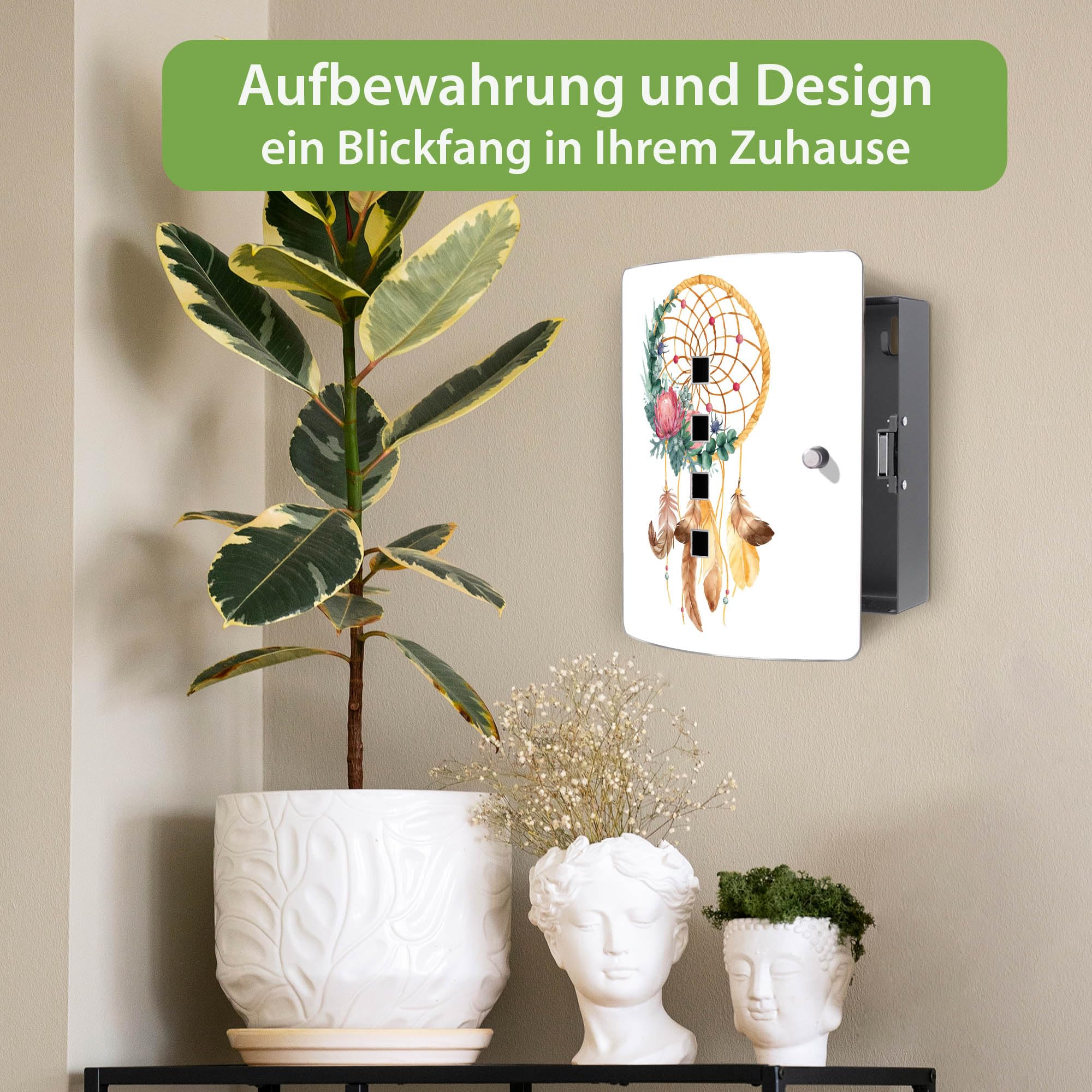 banjado Design Schlüsselkasten aus Edelstahl für 10 Schlüssel - Schlüsselschrank zur Schlüssel Aufbewahrung 24 x 21,5 x 7cm groß mit praktischem Magnetverschluss - Motiv Traumfänger Federn und Blumen