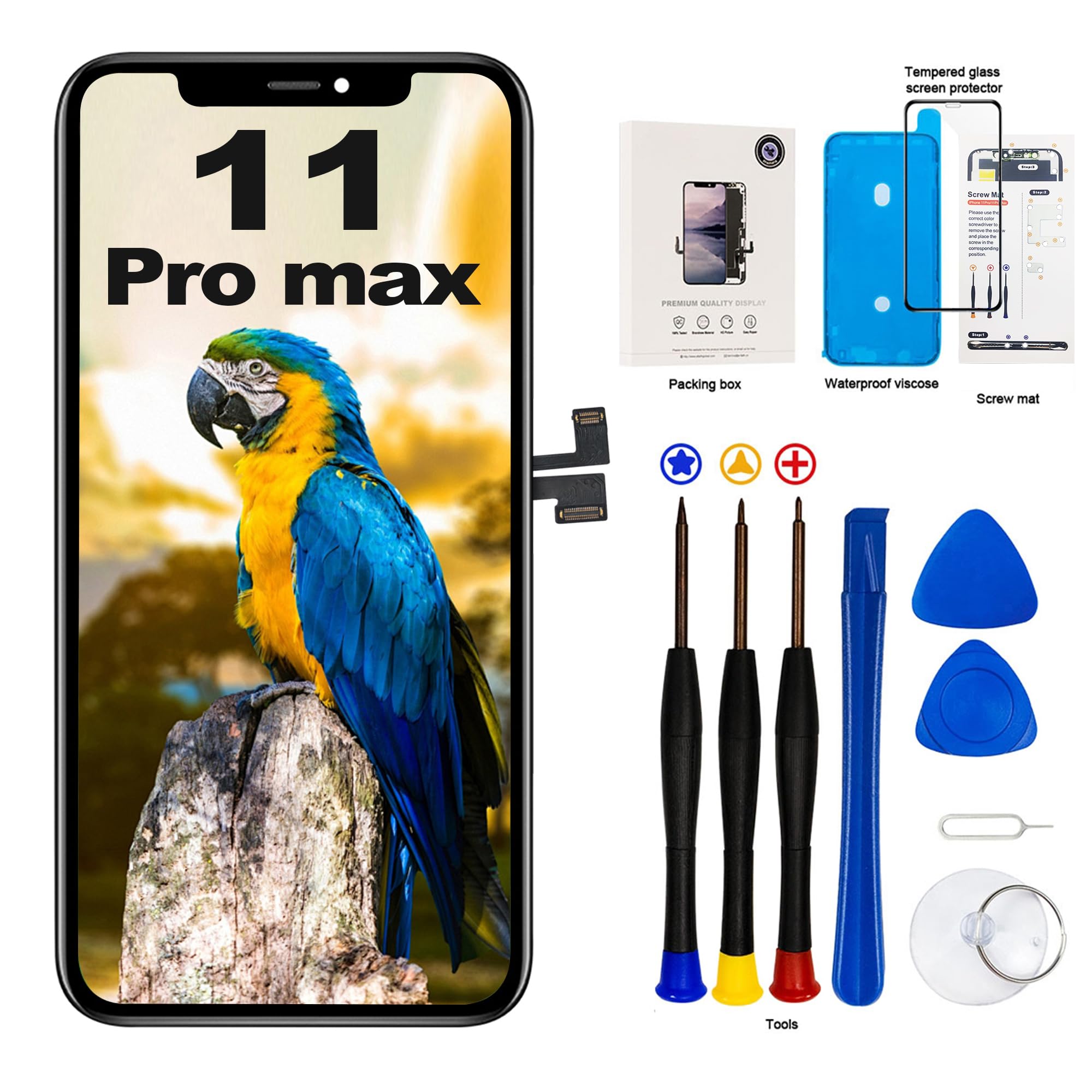 Cadre de Rechange pour iPhone 11 Pro Max avec écran LCD et numériseur d'écran Tactile 3D avec kit d'outils de réparation avec adhésif étanche en Verre trempé