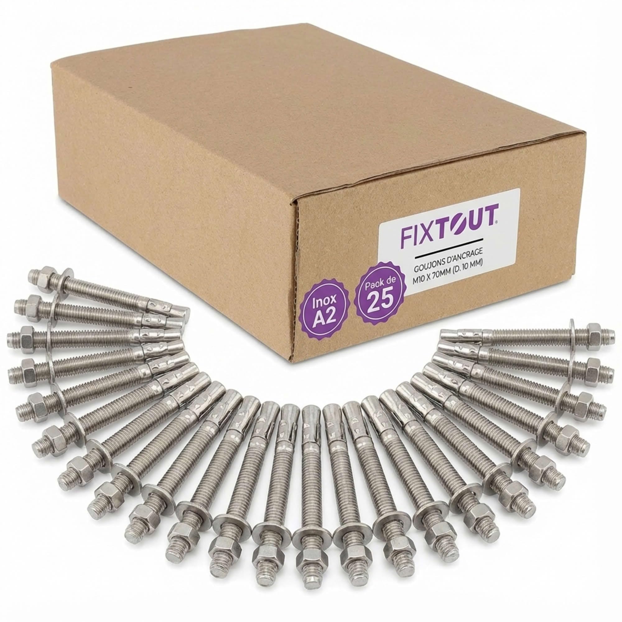 Lot de 25 goujons d'ancrage en acier inox A2 M10 - Diamètre 10 mm - Longueur 150 mm - Diamètre 10 mm