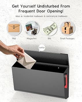 Large Wall Mount Mailboxes for Outside with Flag - Morden Mailbox for House, Galvanized Steel Waterproof & Rustproof Outside Post Box, Mail Box for Home, 16.3'' x 3.9'' x 9.6'', Lock Free, Black