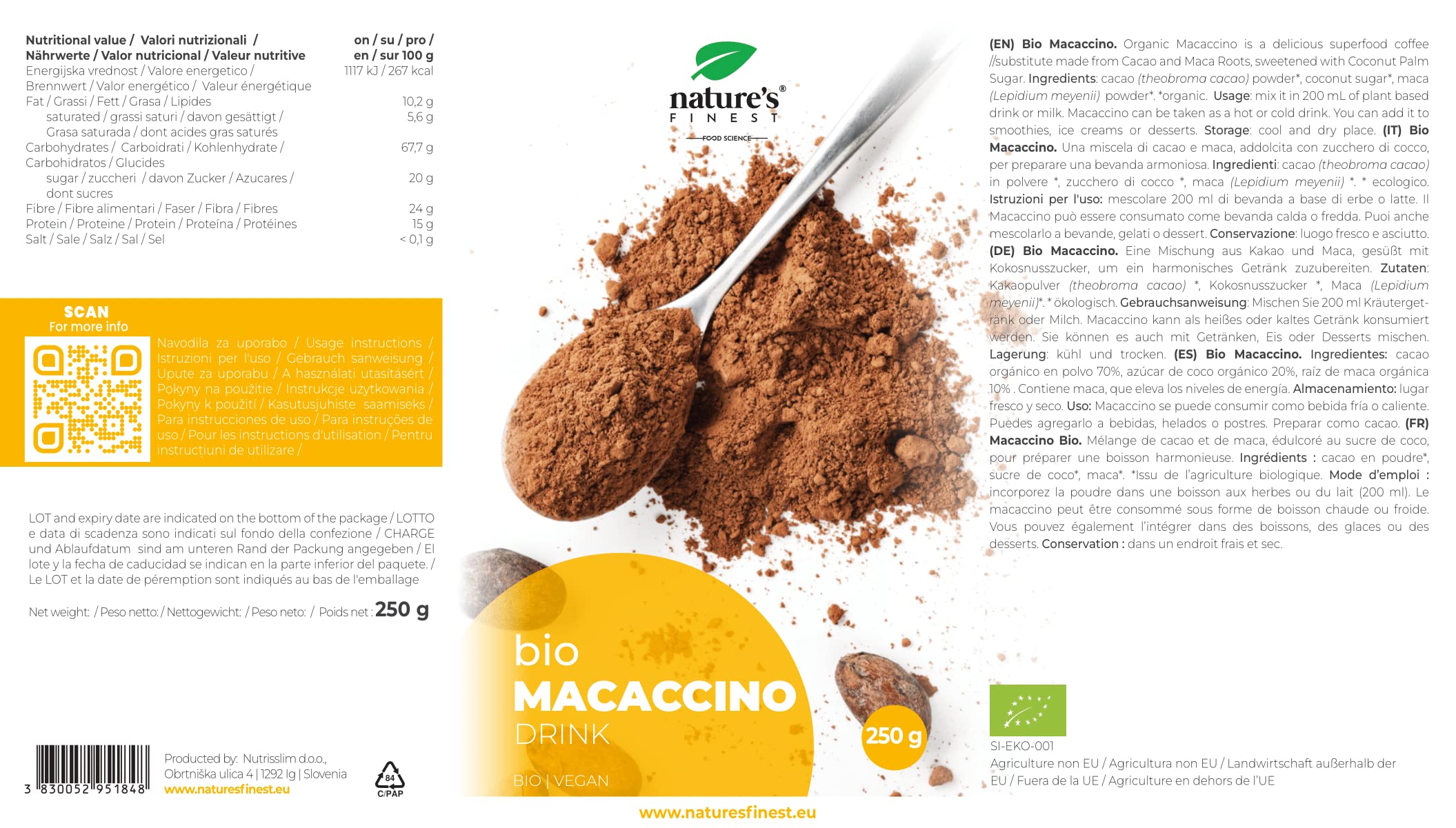 Nature's Finest Macaccino Bio, Mezcla en Polvo 1250 g (Paquete de 5) | cacao bio con maca peruana y azúcar de coco - alternativa al café sin cafeína añadida - sabor chocolate suave - vegano