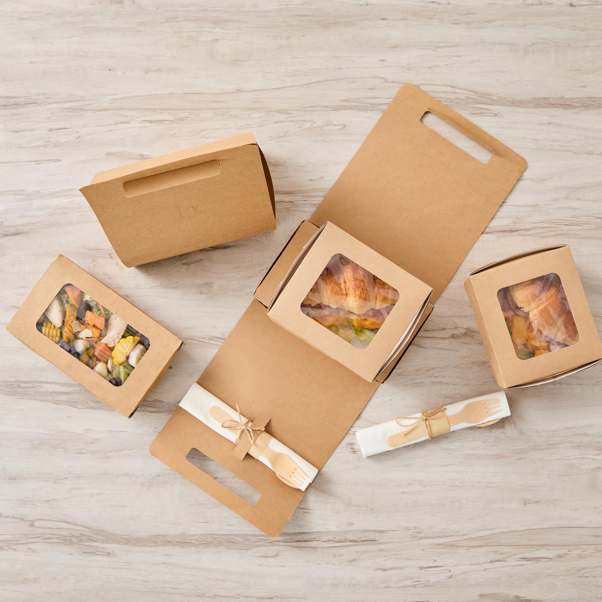 Restaurantware Bio Tek - Fiambreras de papel con asas, 100 recipientes desechables de papel kraft para alimentos, 21 x 10 x 20 cm, portavasos para utensilios de cocina, portadores de bebidas para