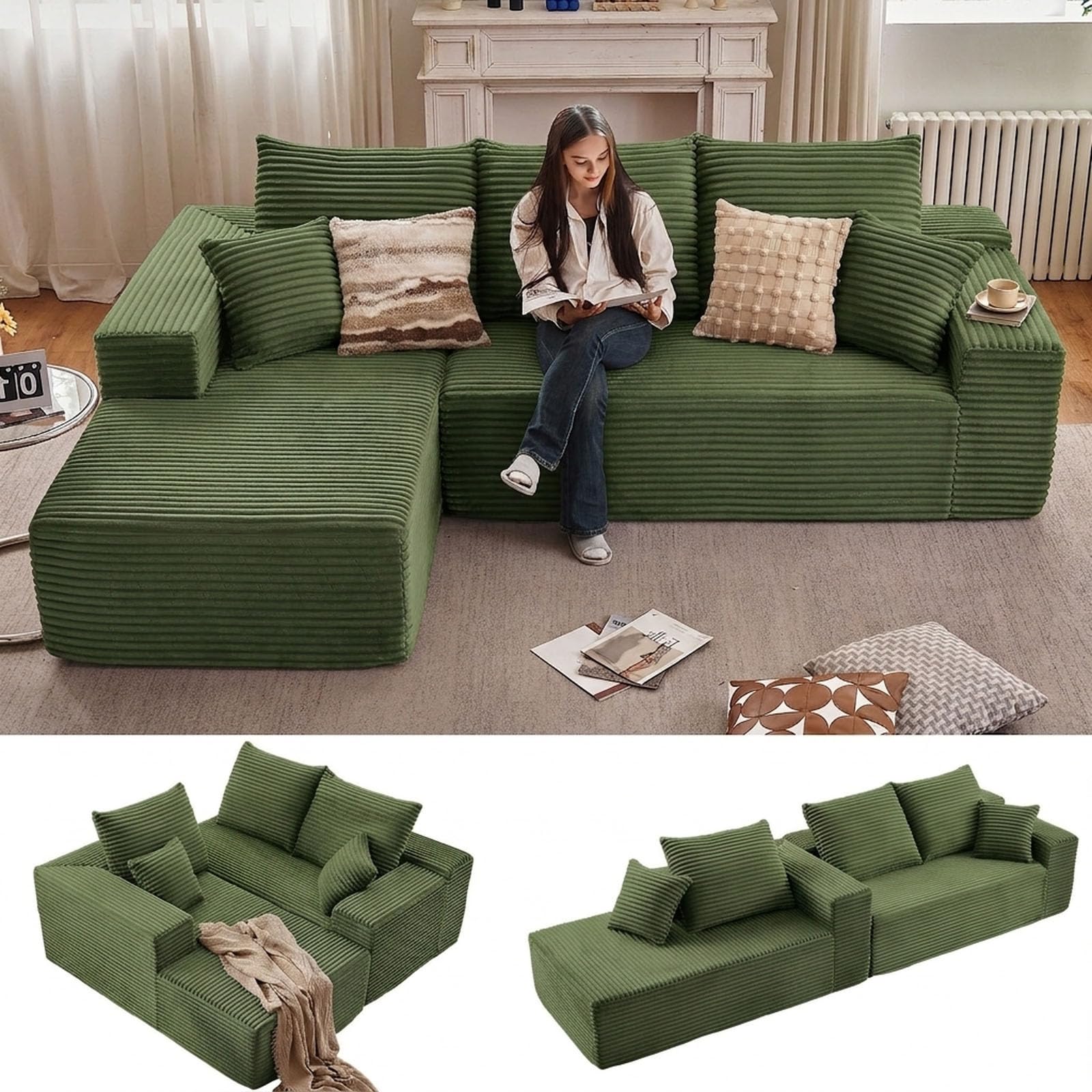 Sectional Couches for Living Room Cloud Couch Sofa with L-Shape Couch in a Box Upholstered Boneless Couchs Modern Modular Sectional Couch with Chaise (Green,B-3 Seater-Left-Facing Chaise-96 inch)