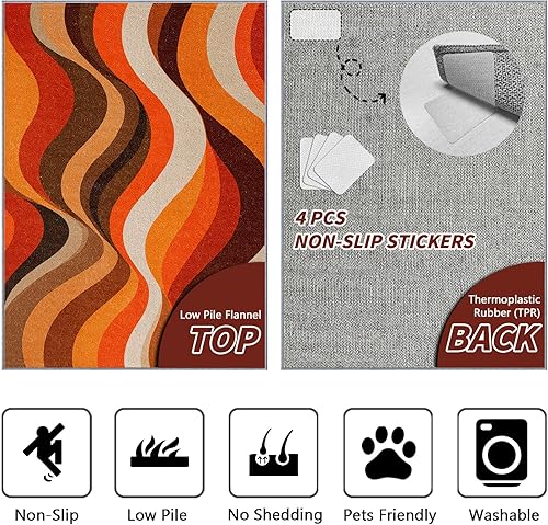 Miniatura 2 de Alfombra ondulada de 4 x 6 pies, alfombra retro de los años 70, color naranja, diseño de arte estético abstracto, de pelo bajo, resistentes a las