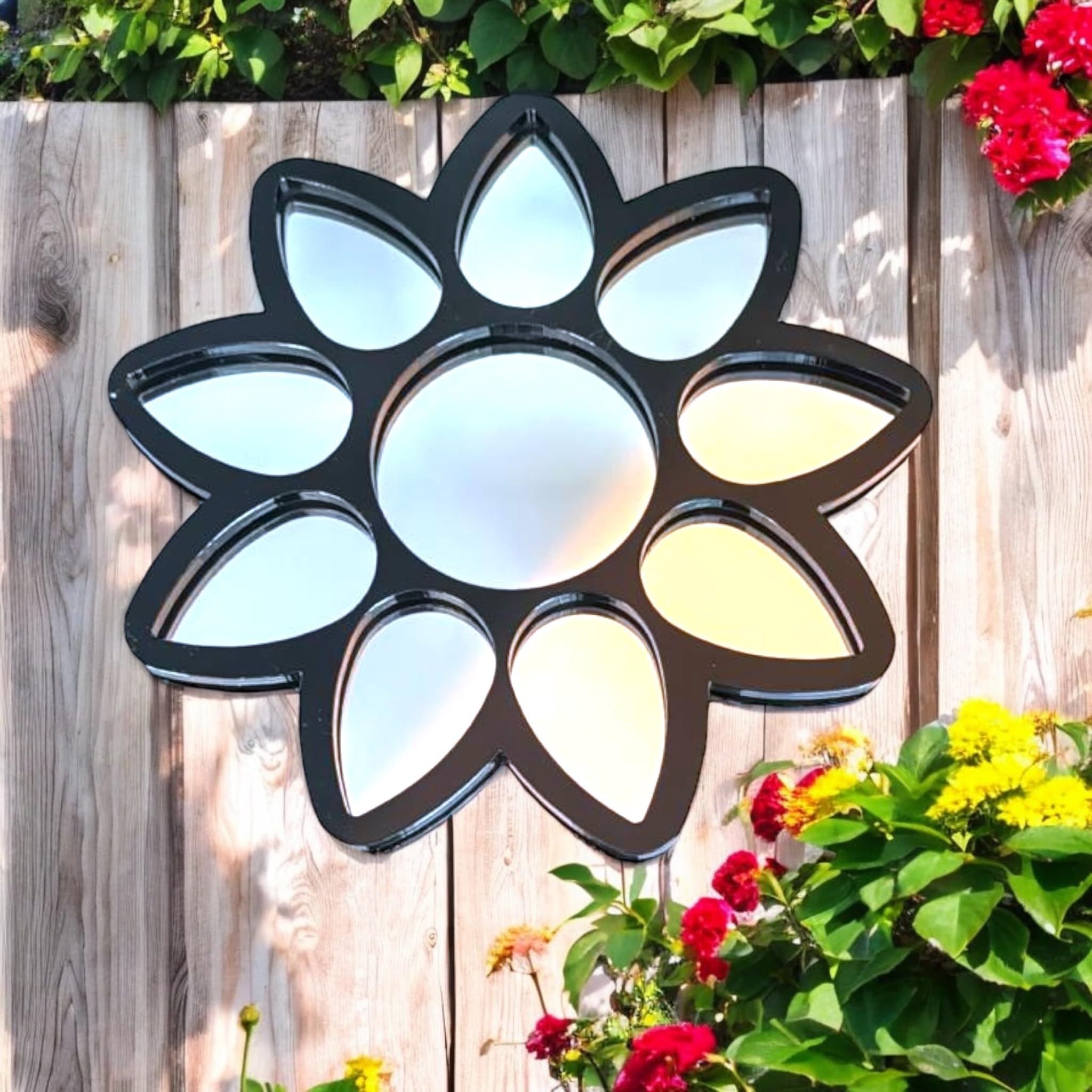 Miroir de jardin décoratif en forme de fleur, 38 cm, mur extérieur encadré