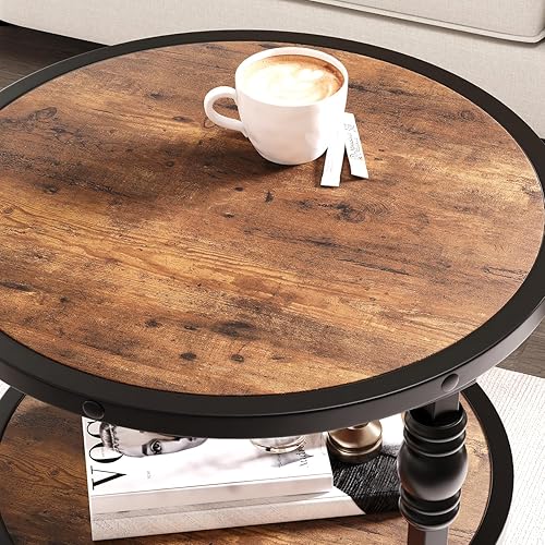 Miniatura 9 de IDEALHOUSE Mesa auxiliar redonda de 3 niveles, mesa auxiliar de sala de estar con estante de almacenamiento y mesa auxiliar de madera industrial de