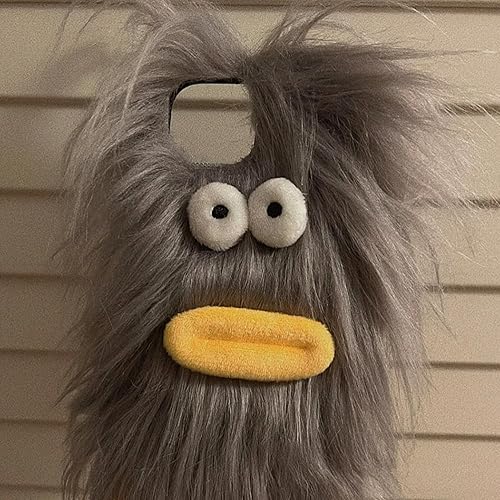 Miniatura 2 de Funda de felpa gris para iPhone 14 Pro, bonita funda protectora de invierno de pelo largo divertido con cara divertida, caricaturas 3D para mujeres