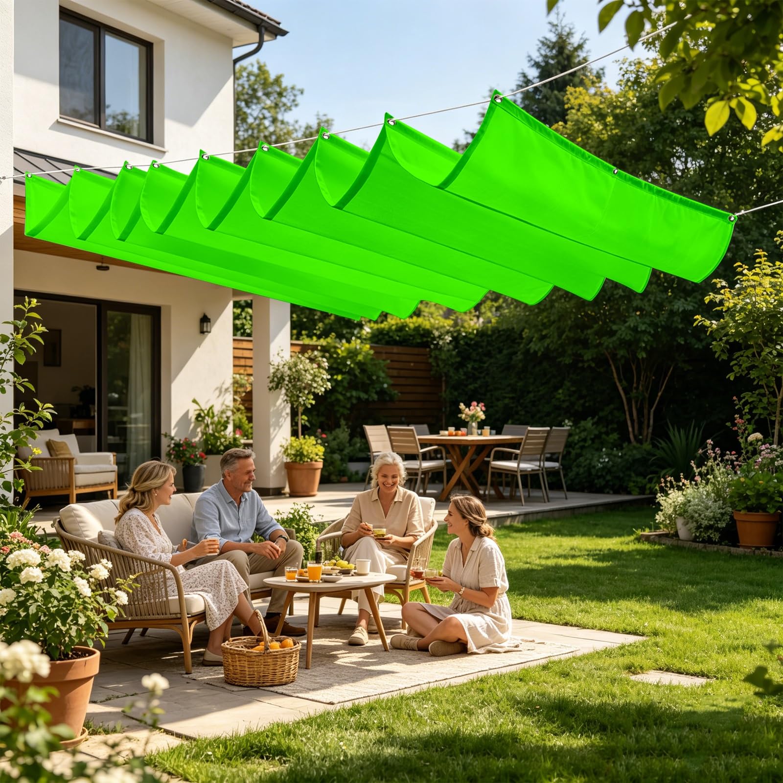 Toldo Retráctil de Onda 100 x 1000 cm Impermeable Ondulada Toldos Exterior Protección Rayos UV Resistente Al Desgarro con Ojales y Cuerdas para Jardín Porche Patio Barbacoa, Verde Tierno