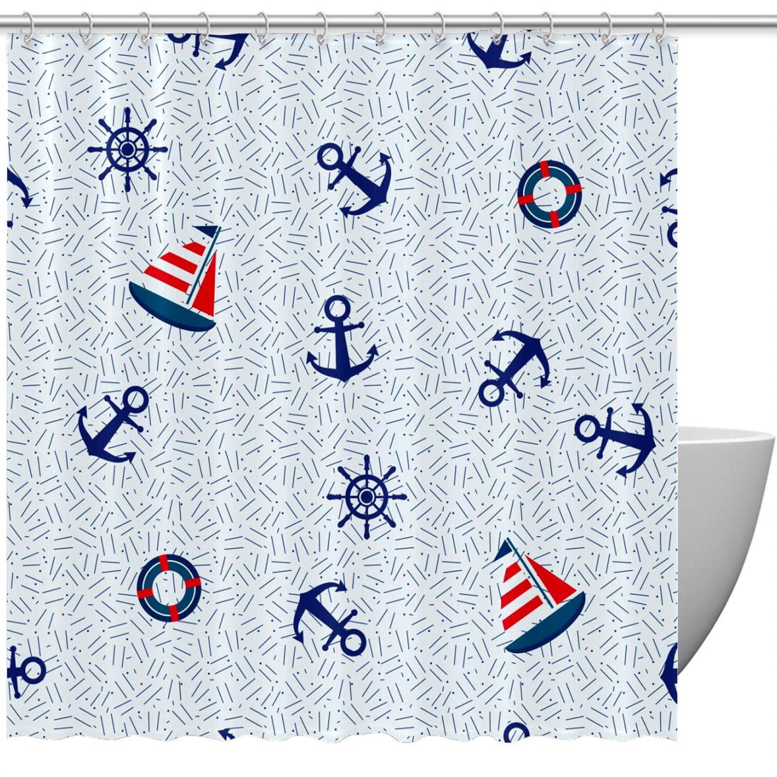 Rideau de douche enfants motif boussole et voilier, protection étanche facile à installer