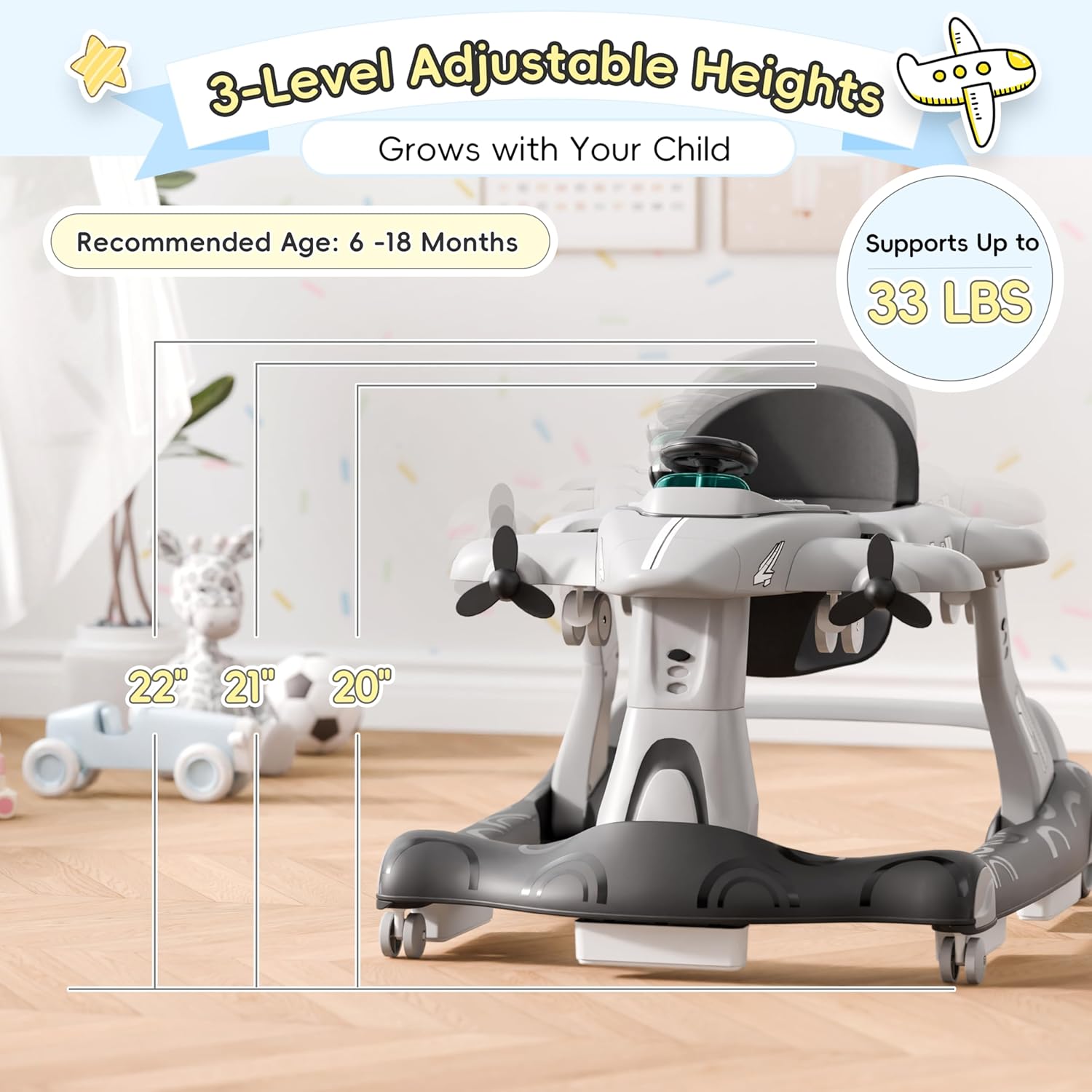 Xilingol 6-in-1 Baby Walker with Wheels, Adjustable Height & Speed Activity Walker with Padded Seat, Foldable Walker for Babies, Toddler Push Walkers for Boy & Girl 6-18 Months, Music & Light