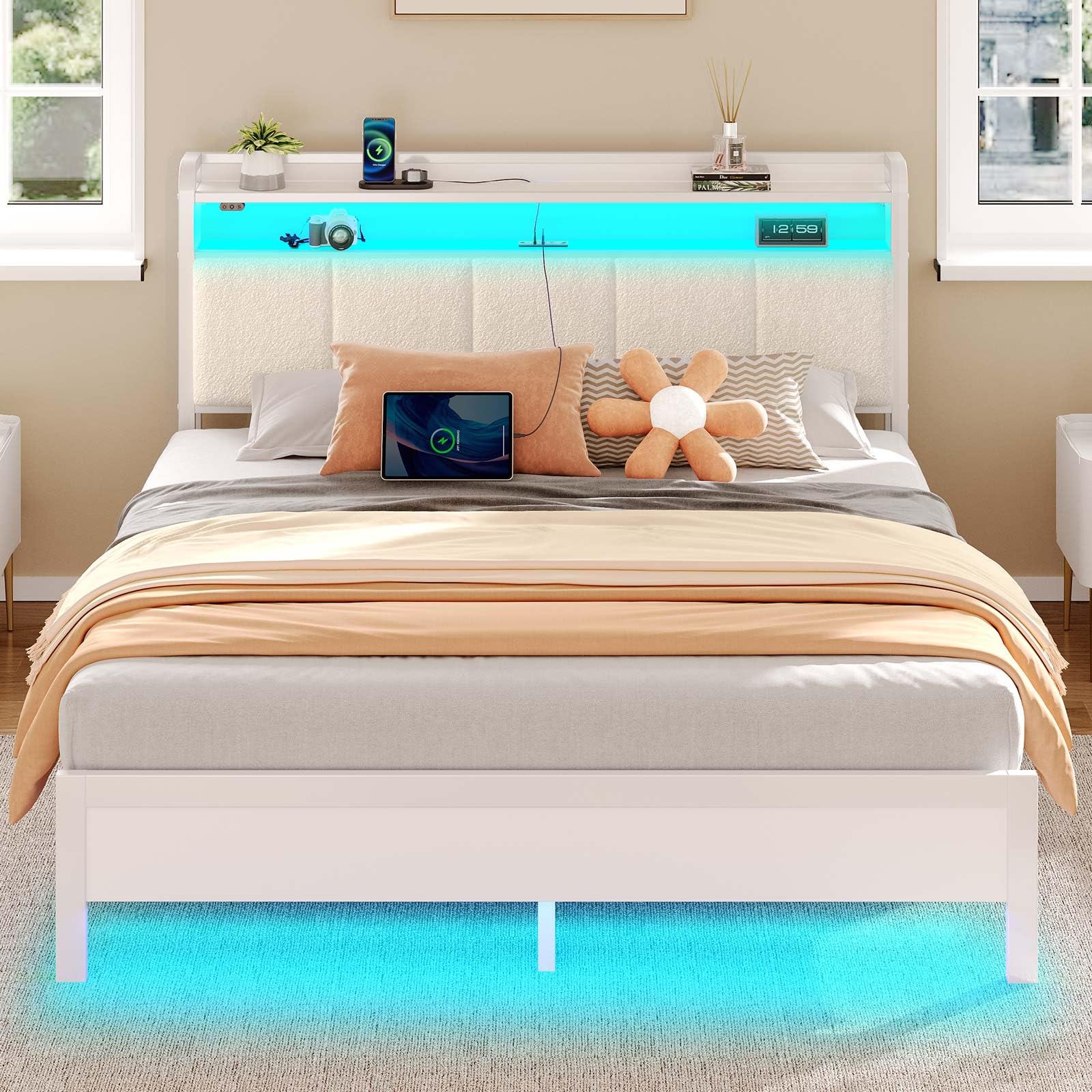 Photo 1 of [MISSING SEVERAL PARTS] Rolanstar Bed Frame Full Size with Charging Station and LED Lights, Upholstered Headboard with Storage Shelves, Heavy Duty Metal Slats, No Box Spring Need, Noise Free, Easy Assembly, White