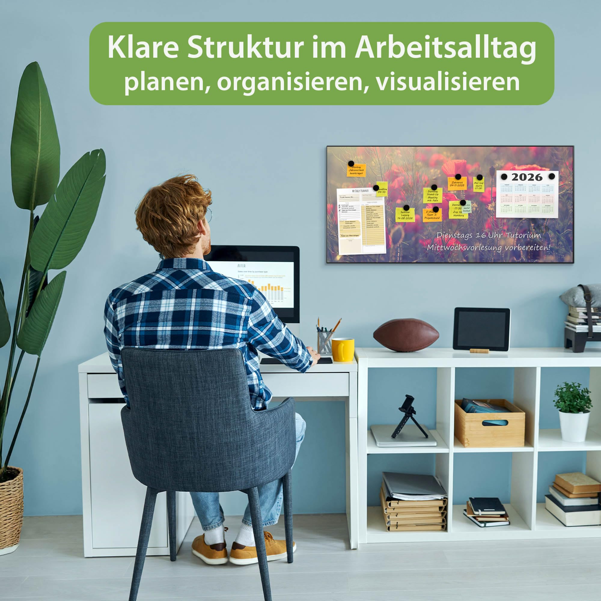 banjado Magnettafel Metall 78 x 37cm - beschreibbare Magnettafel - Metall Pinnwand als Memoboard - Magnetwand Küche, Büro, Kinderzimmer Schwarz inkl. 4 Magnete & Montageset - Motiv Mohn