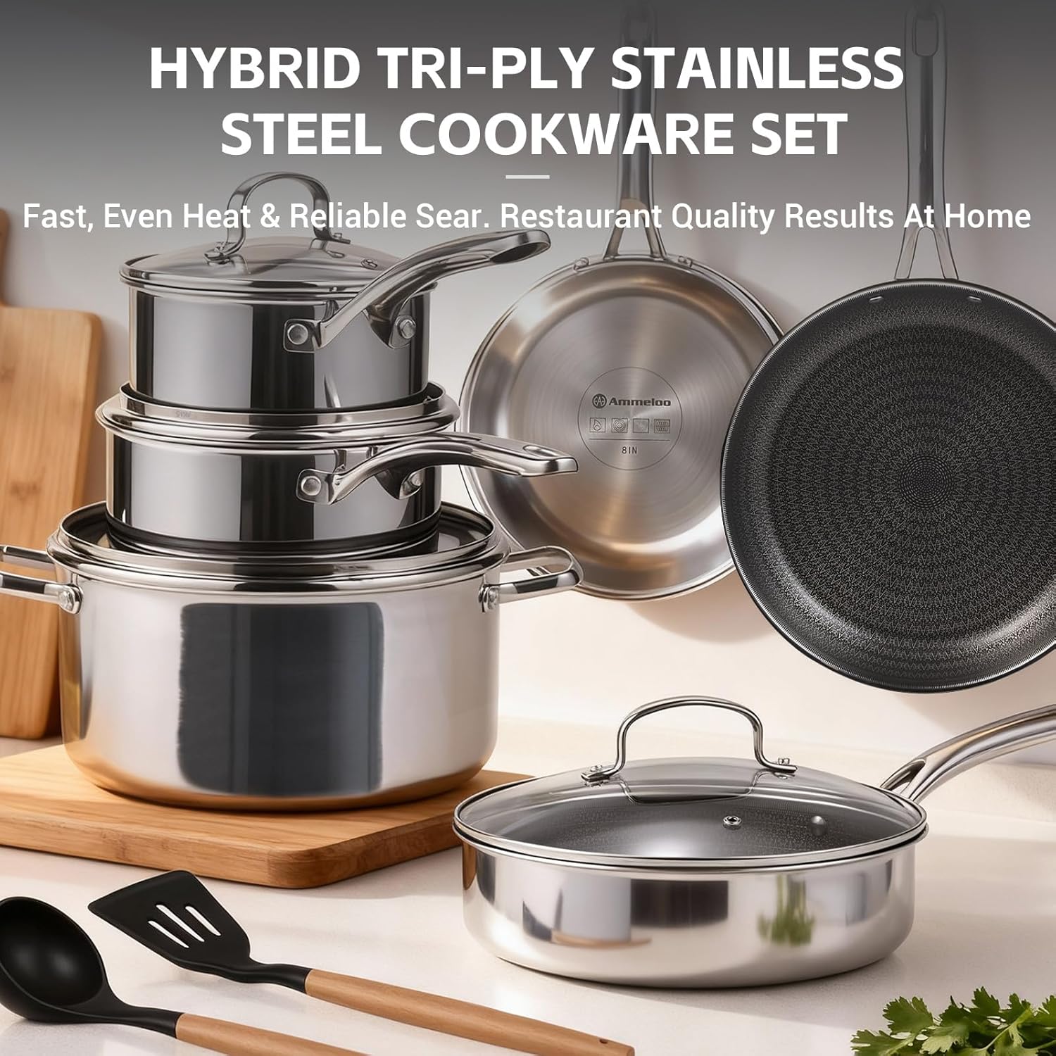 Ammeloo 17 Pcs Nonstick Stainless Steel Cookware Set, Hybrid Stainless Steel Pots and Pans Set Non Stick, Non Toxic Kitchen Cookware Sets, Dishwasher & Oven Safe, Induction & All Cooktop Compatible - Image 9