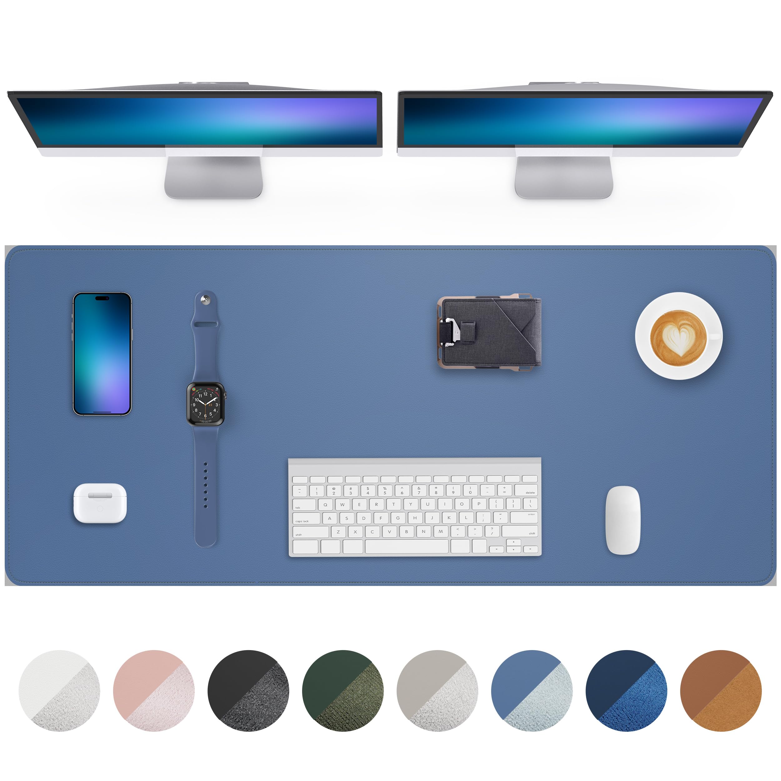 AFIING Leather Desk Mat Protector, Non-Slip PU Leather Desk Pad, Waterproof Mouse Mat & Desk Blotter for Office, Home & Study, Easy Clean Laptop Desk Cover (120 x 43 cm, Grey Blue)