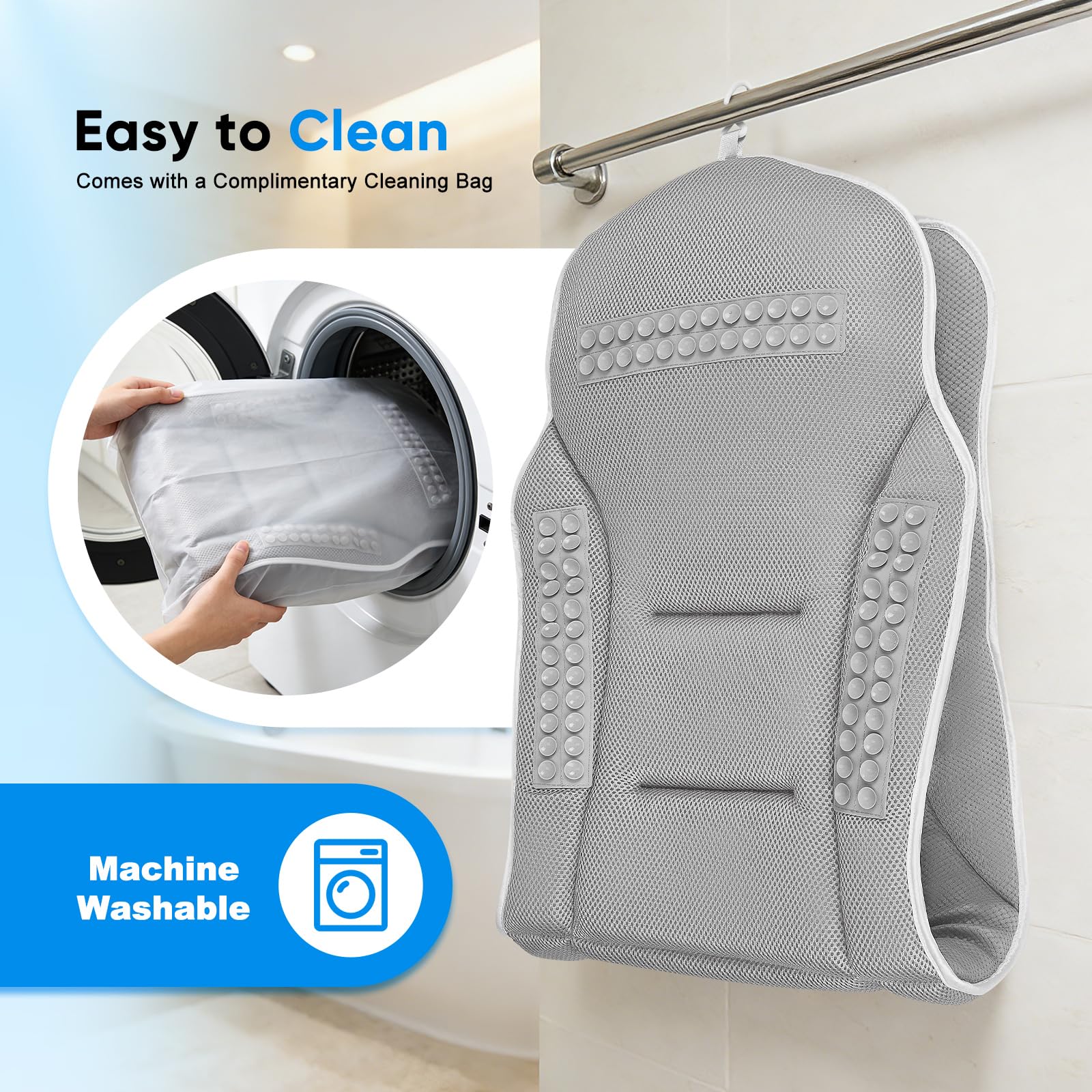 Badewannenkissen Ganzkörper 131 * 38cm, Badekissen mit Kopfstütze und Abnehmbares Taillenkissen, Kissen für Badewanne mit Hängehaken, Unterstützt Nacken Rücken, Schnelltrocknend, Hautfreundlich(Grau)
