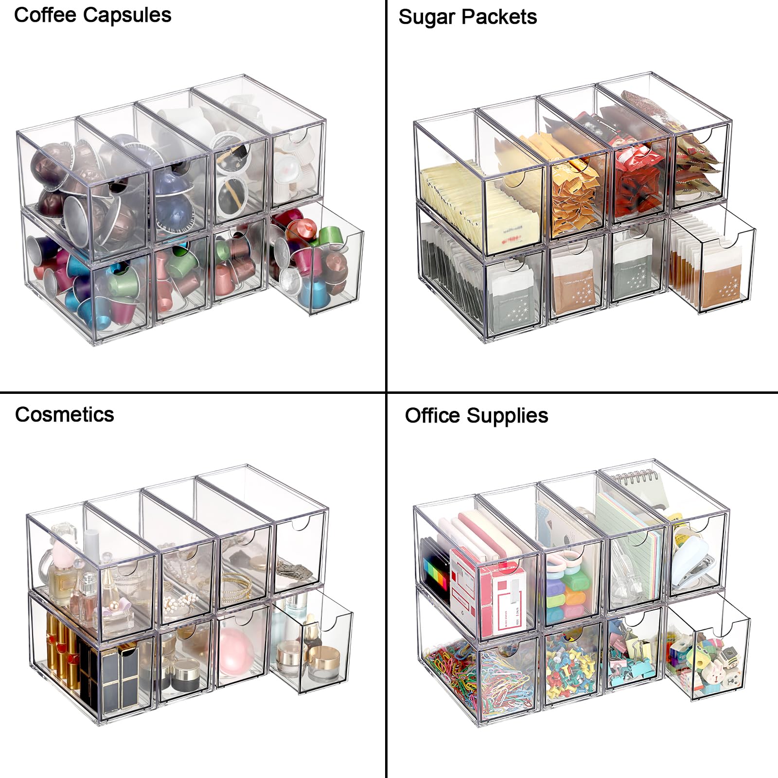 ELLDOO Organiseur de sachets de thé à 8 tiroirs, en acrylique transparent empilable, support de rangement pour sachets de thé de cuisine, garde-manger, rangement pour dosettes de café, collations pour