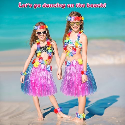 Miniatura 26 de Fortuning's JDS Falda hawaiana de hierba hula para niña, con flores elásticas a juego, juego de disfraz para fiesta de playa tropical Luau