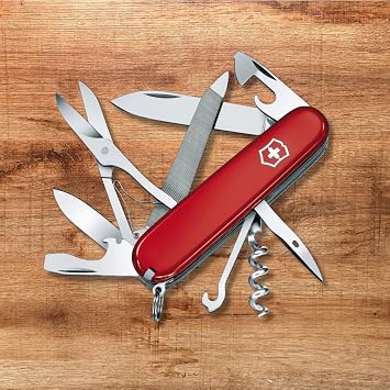 Victorinox Mountaineer Swiss Army Knife, 18 Function Swiss Army Knife with 2 Blades, Corkscrew, Scissor and Hook - Red