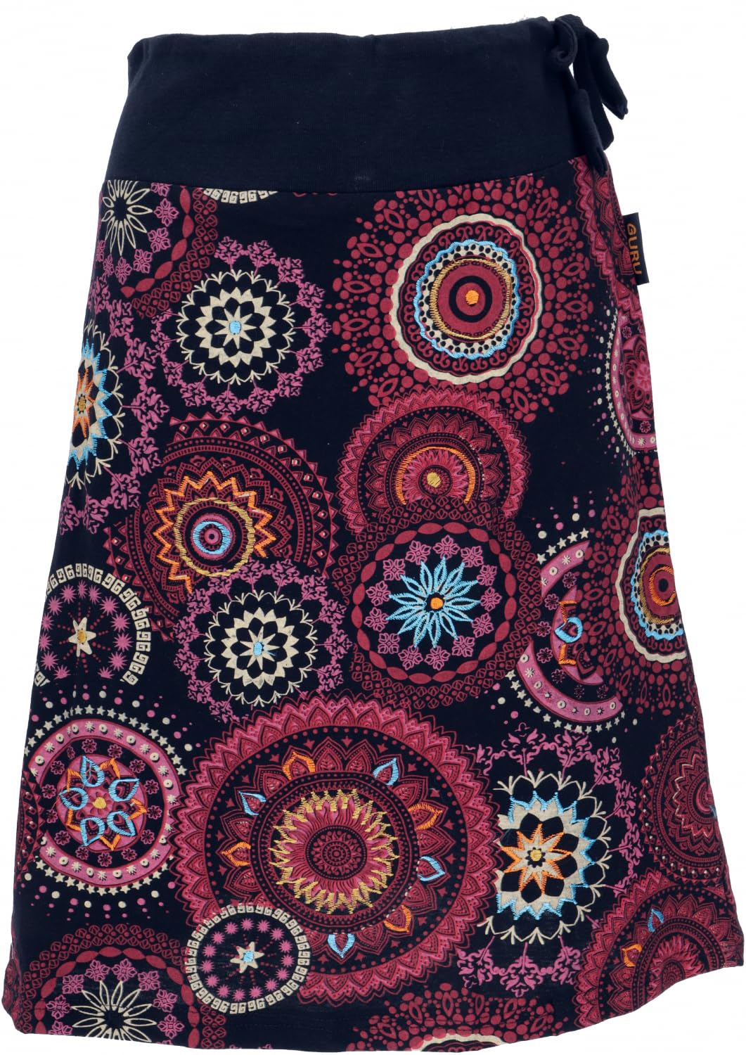GURU SHOP Bestickter Knielanger Rock, Chic, Retro Mandala - Schwarz, Damen, Baumwolle