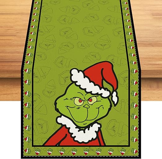 Linen Grinch Table Runner Merry Grinchmas Tablecloth Grinch