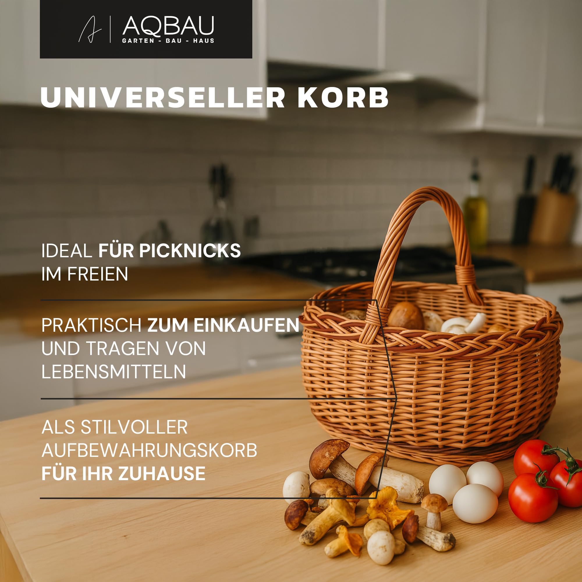 Grand panier en osier avec anse 47 x 35 x 33 cm, tressé pour provisions, pique-nique, champignons, modèle naturel, corbeille rustique